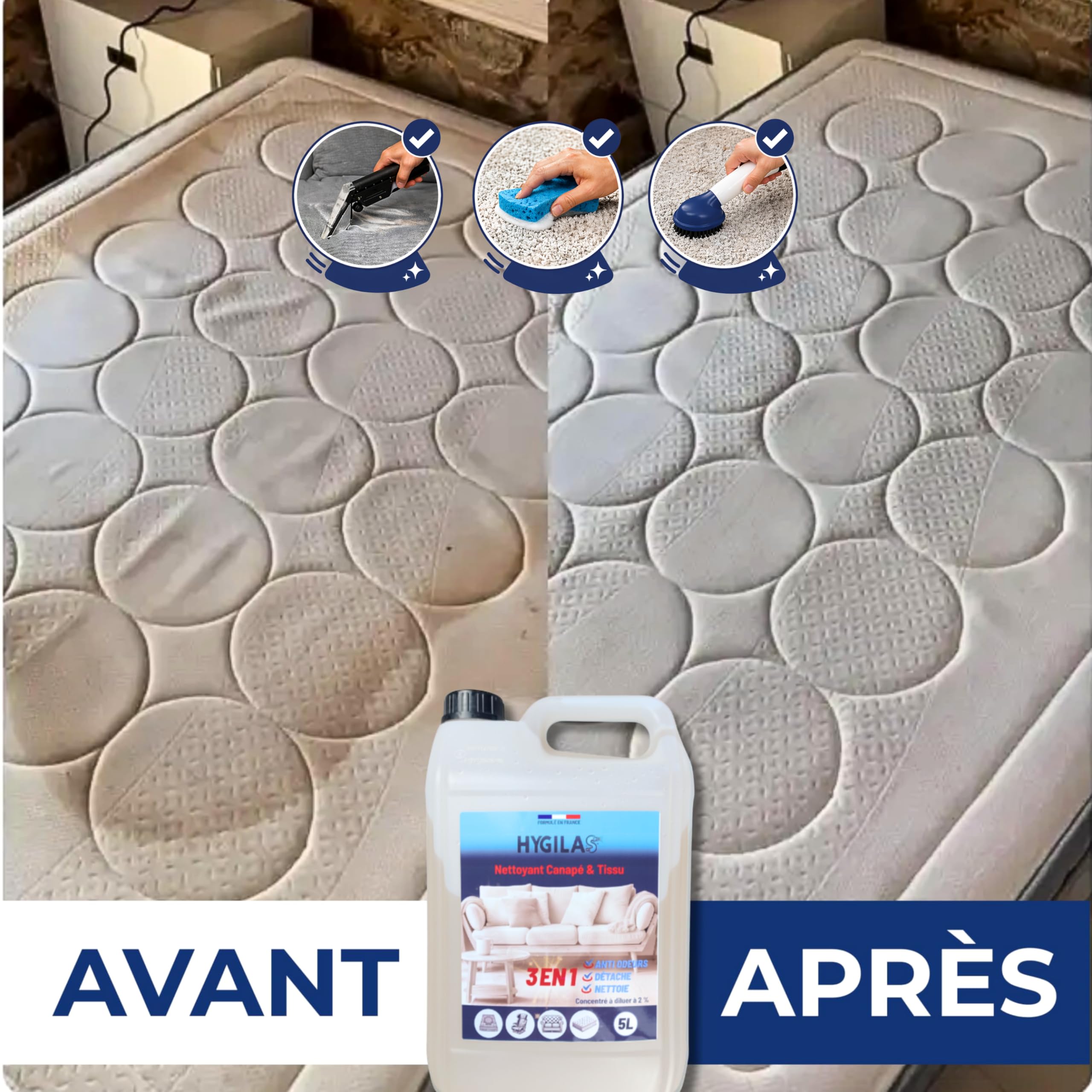 HYGILAS Nettoyant Canapé & Tissu, Professionnel 5L - Concentré à Diluer - Compatible Injection/Extraction & Shampouineuse - Matelas, Tapis, Moquette