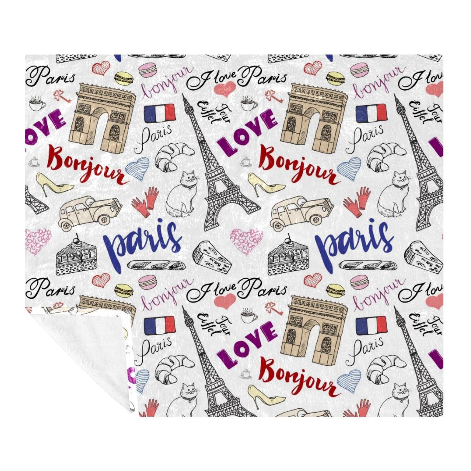 Couverture pour lit canapé sofa et voyage légère 150x130cm Doodle Paris en microfibre