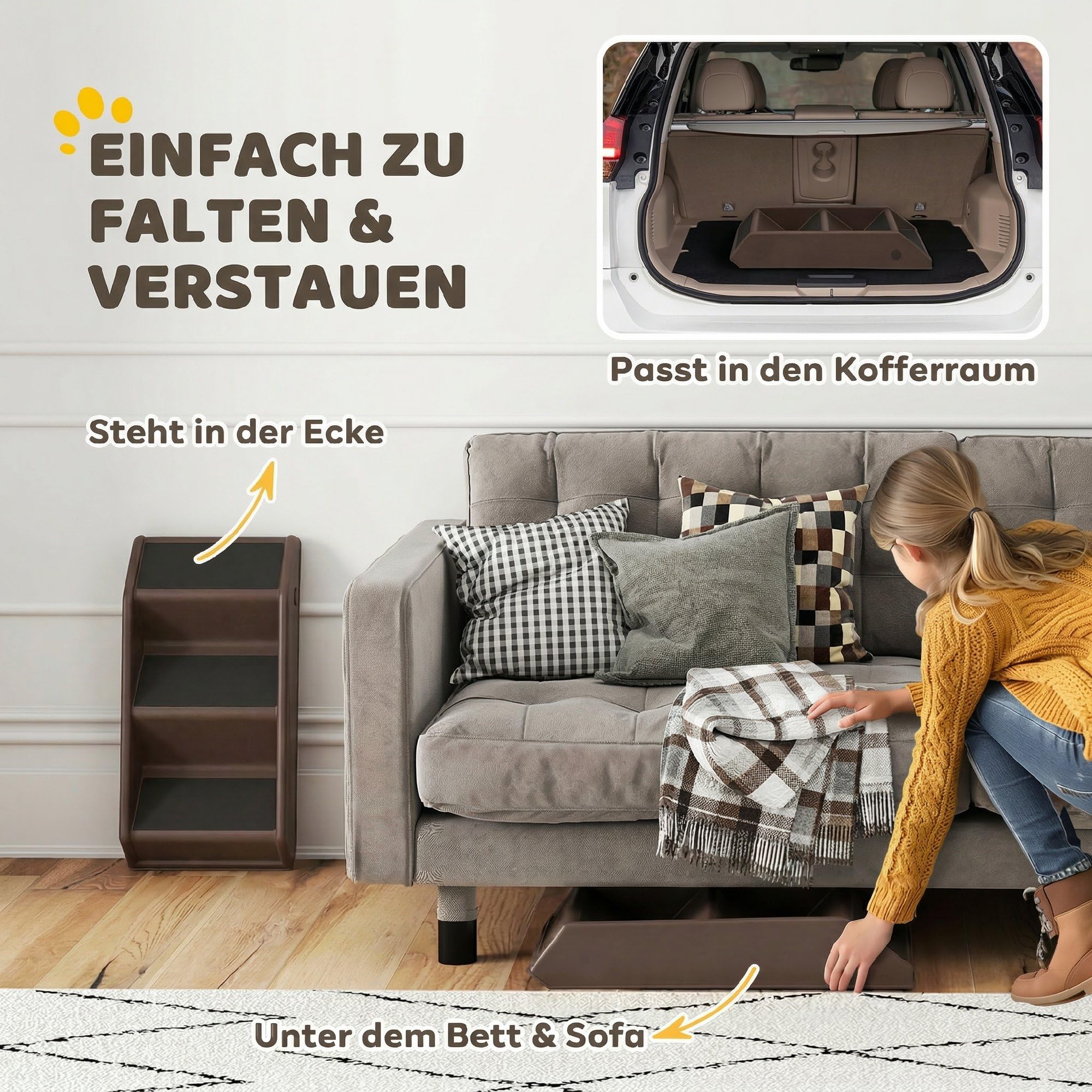 PawHut Hundetreppe 3 Stufen 36,5 cm Hoch Haustiertreppe für Kleine Hunde klappbar Katzentreppe Hunderampe Einstiegshilfe für Bett, Sofa, Couch und Auto Braun