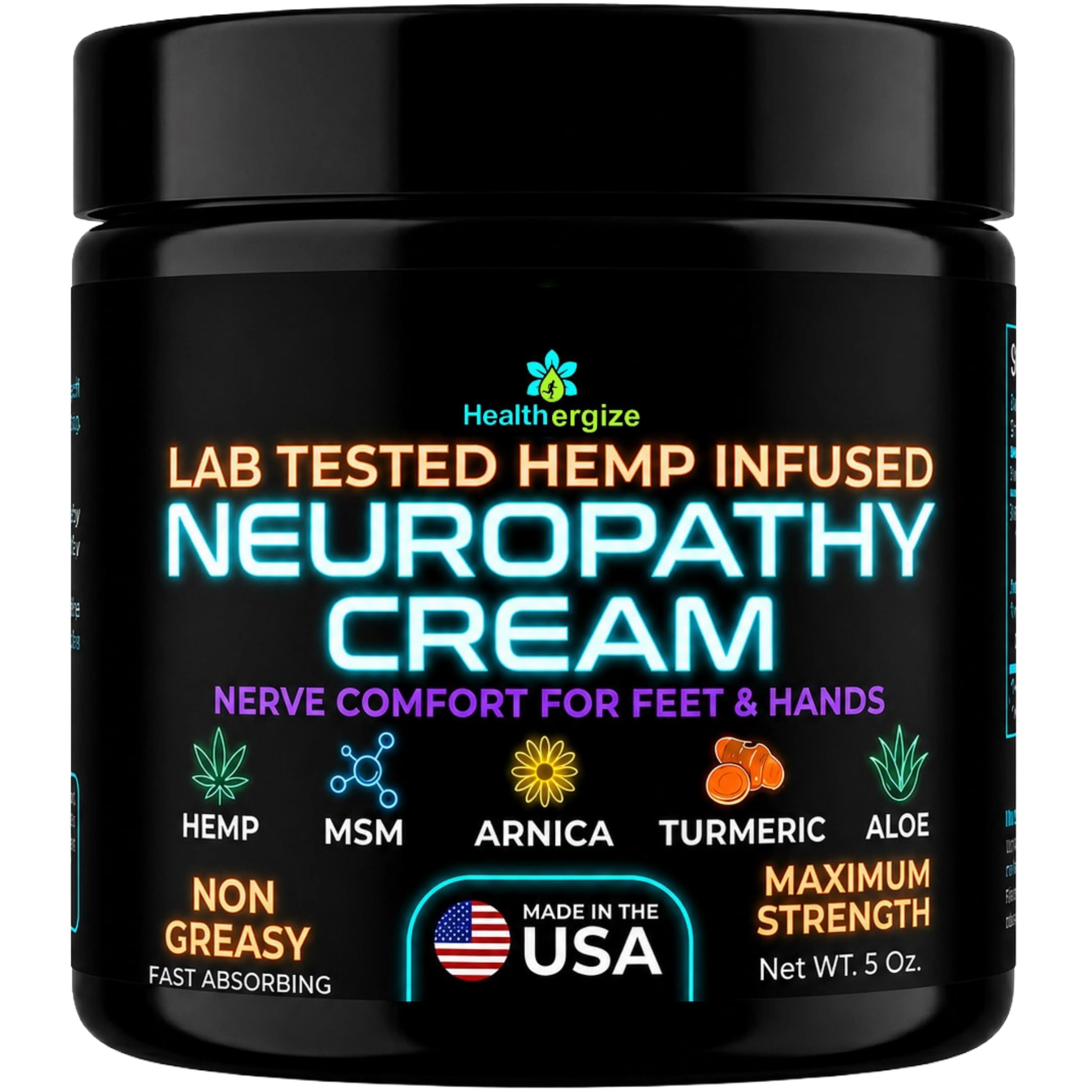 Healthergize Neuropathy Cream Maximum Strength – Neuropathy Nerve Comfort Cream for Feet, Hands & Legs – with Arnica, MSM, Hempseed Oil, Lavender & Aloe – Menthol & Paraben Free – 5 Oz, Made in USA