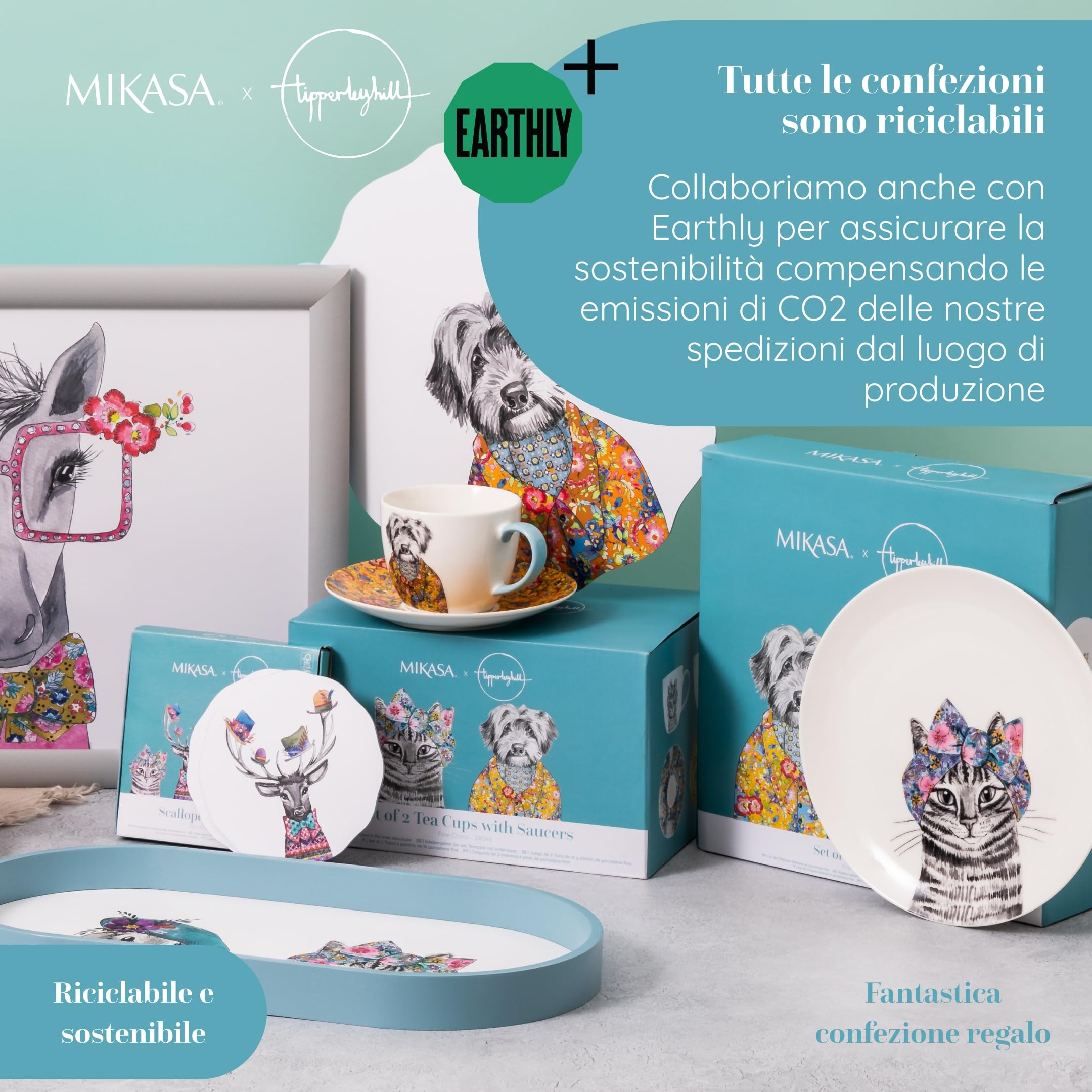Mikasa x Tipperleyhill, Set di 2 tazze da 240 ml con piattini in porcellana fine, perfetto per il tè pomeridiano, lavabile in lavastoviglie, in confezione regalo