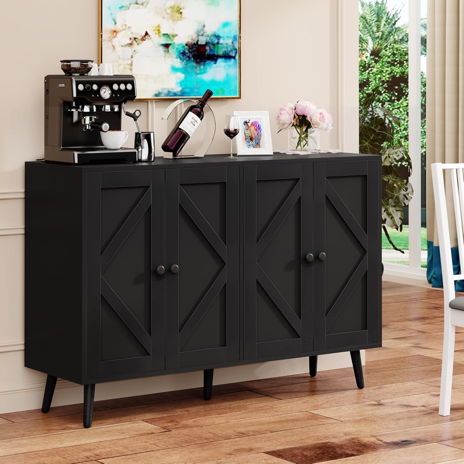 Yongchuang 47" Black Modern Farmhouse Sideboard Cabinet with Storage, 8 Adjustable Shelves, Suitable for Kitchen, Living Room, Entryway