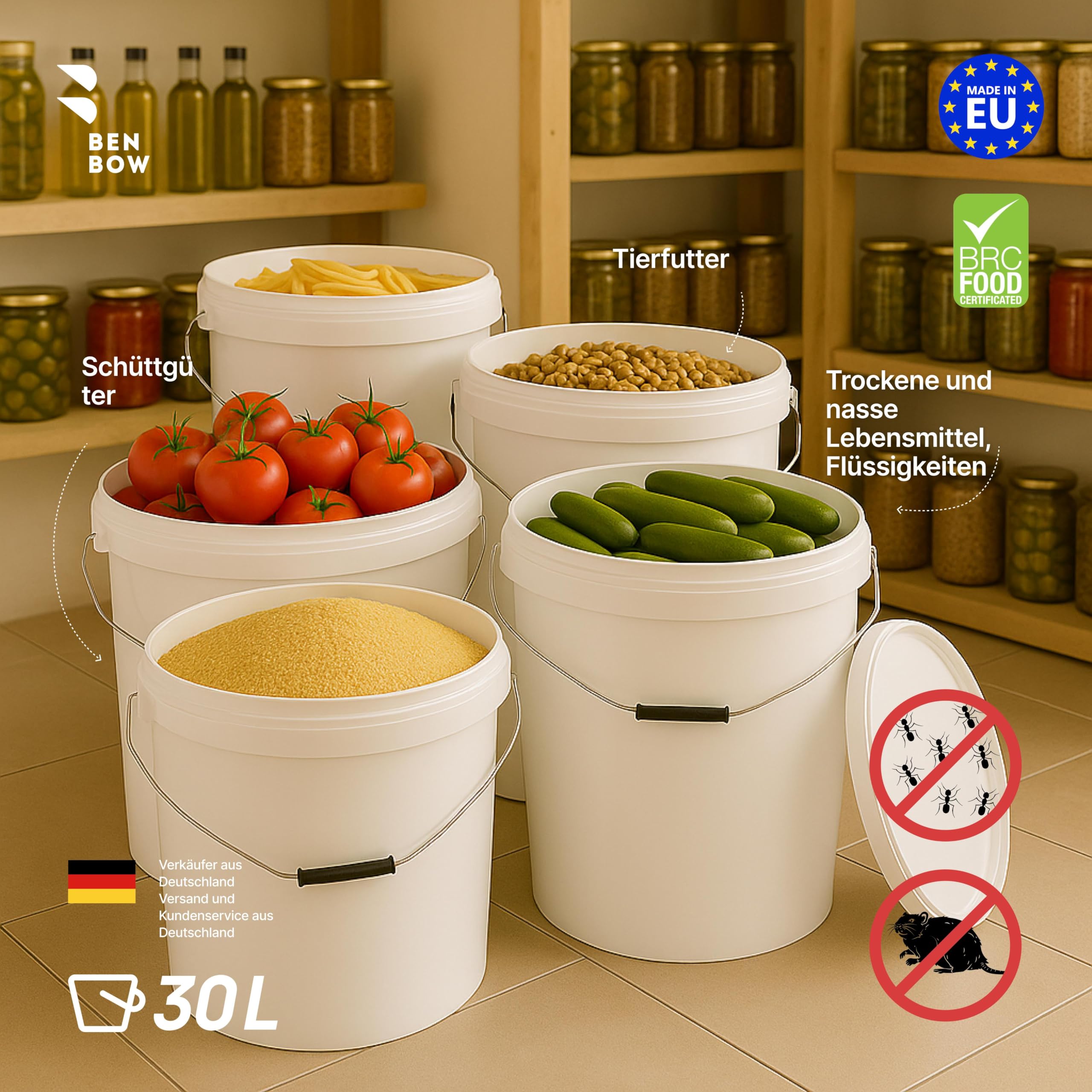 BenBow - Cubo con Tapa, 5 x 30 litros Color Blanco - Apto para Alimentos Estable hermético a Prueba de Fugas Inodoro - Recipiente de plástico con Mango de Metal - vacío - contenedor de - Domicilio