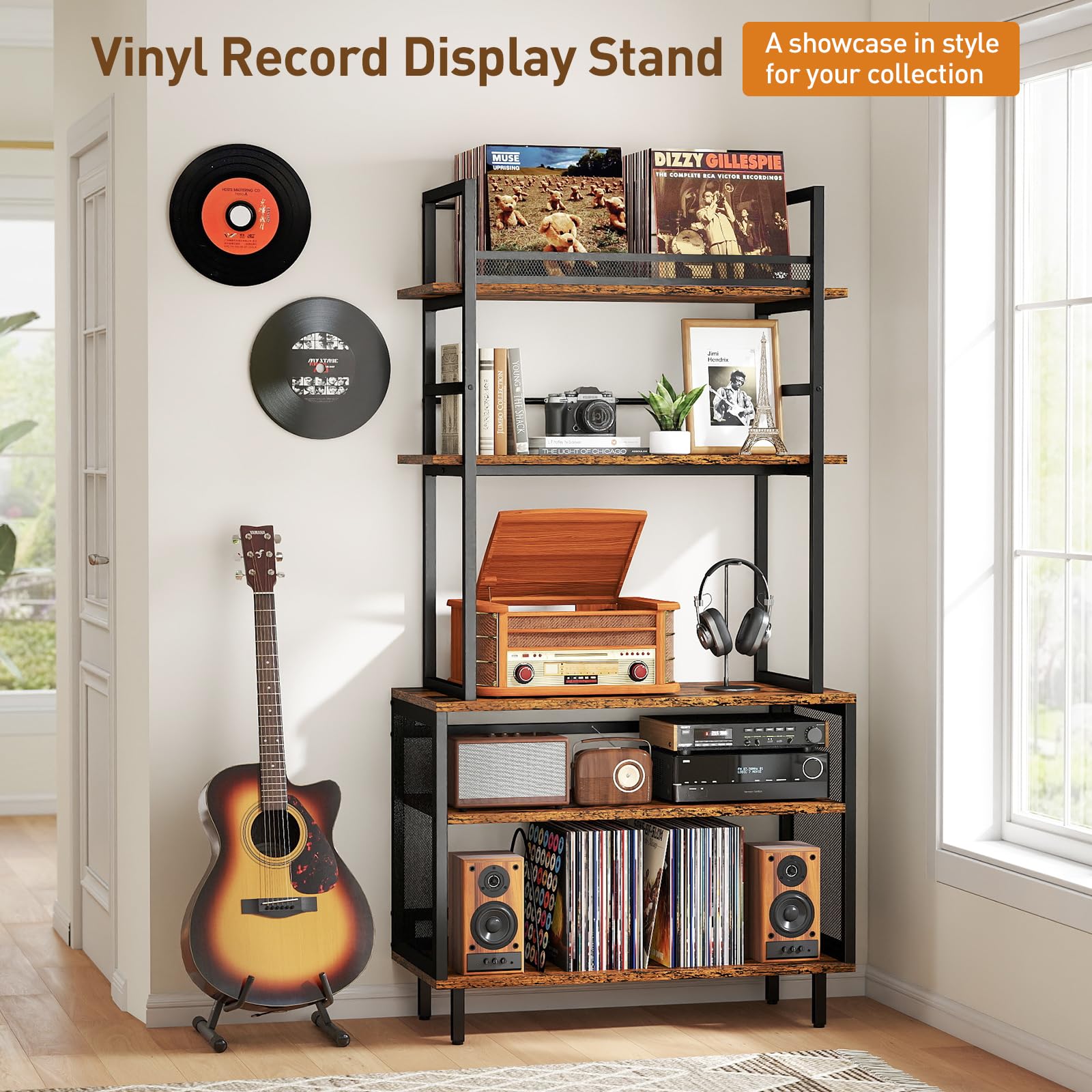 5 Etagen Plattenspieler-Ständer, Vintage Beistelltisch Plattenspieler Regal mit Schallplattenaufbewahrung Groß Vinyl Schallplattenständer Vinyl Holder Fasst 400+ Alben für Wohnzimmer Schlafzimmer Büro