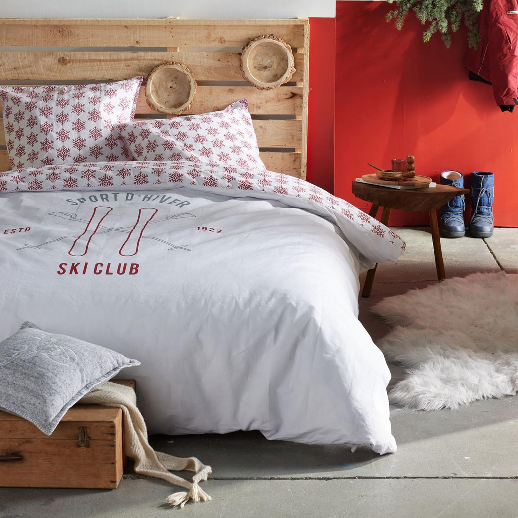 Ski Club parure de lit 3 pièces coton blanc 240x260 cm drap montagne hiver