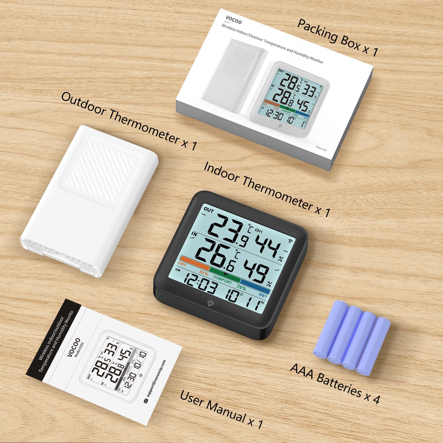 WS9488 Thermp-hygrometer, thermometer, met buitentemperatuur, comfortweergave, luchtvochtigheid, binnentemperatuur, achtergrondverlichting, tijd