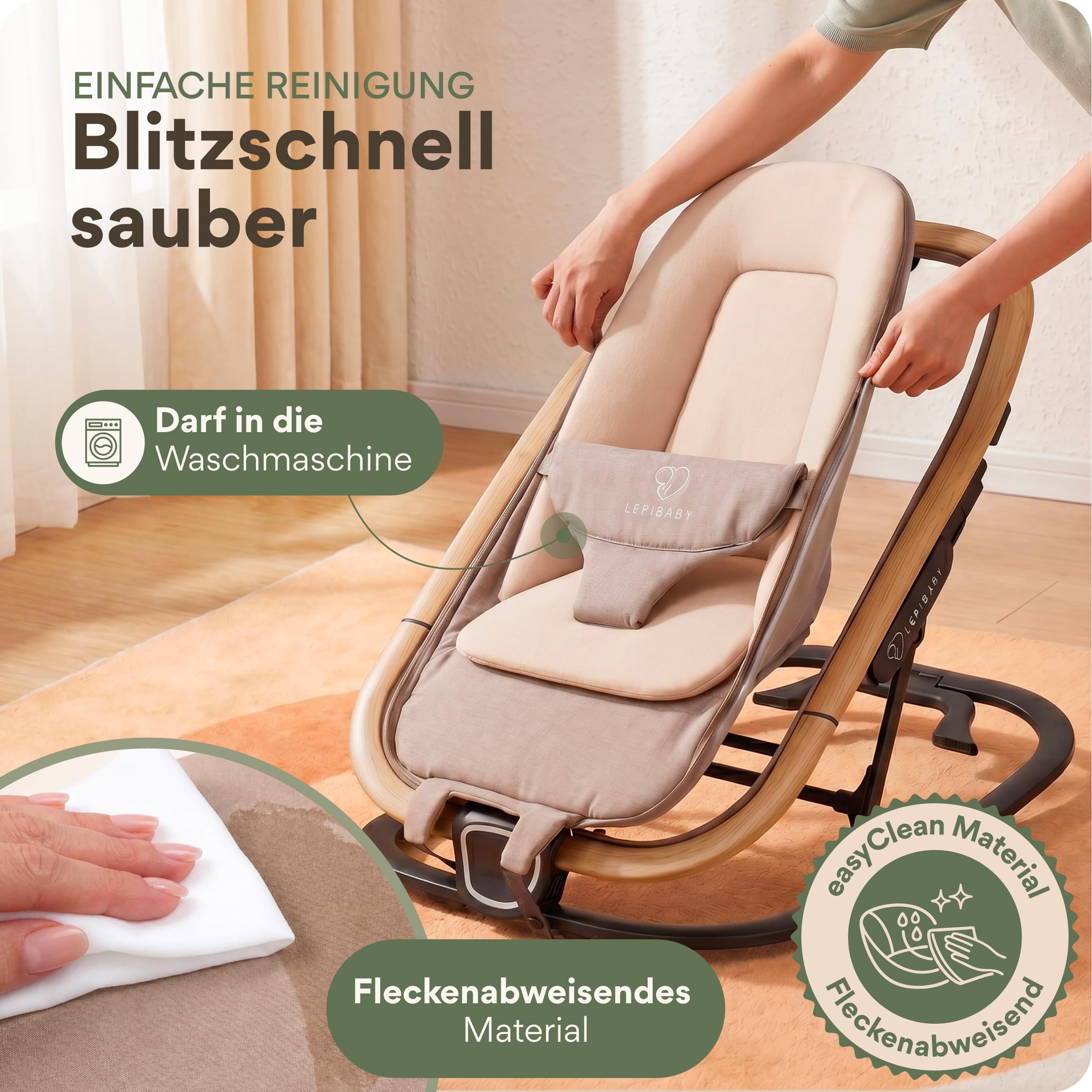 Babywippe Neugeborene, 0 bis 12 Monate, Baby Wippe, Baby Bouncer | Faltbarer Baby Rocker, Babyschaukel mit Spielbogen, Verstellbare Babywiege, Baby Schaukel leicht waschbar, FlexiBu Beige