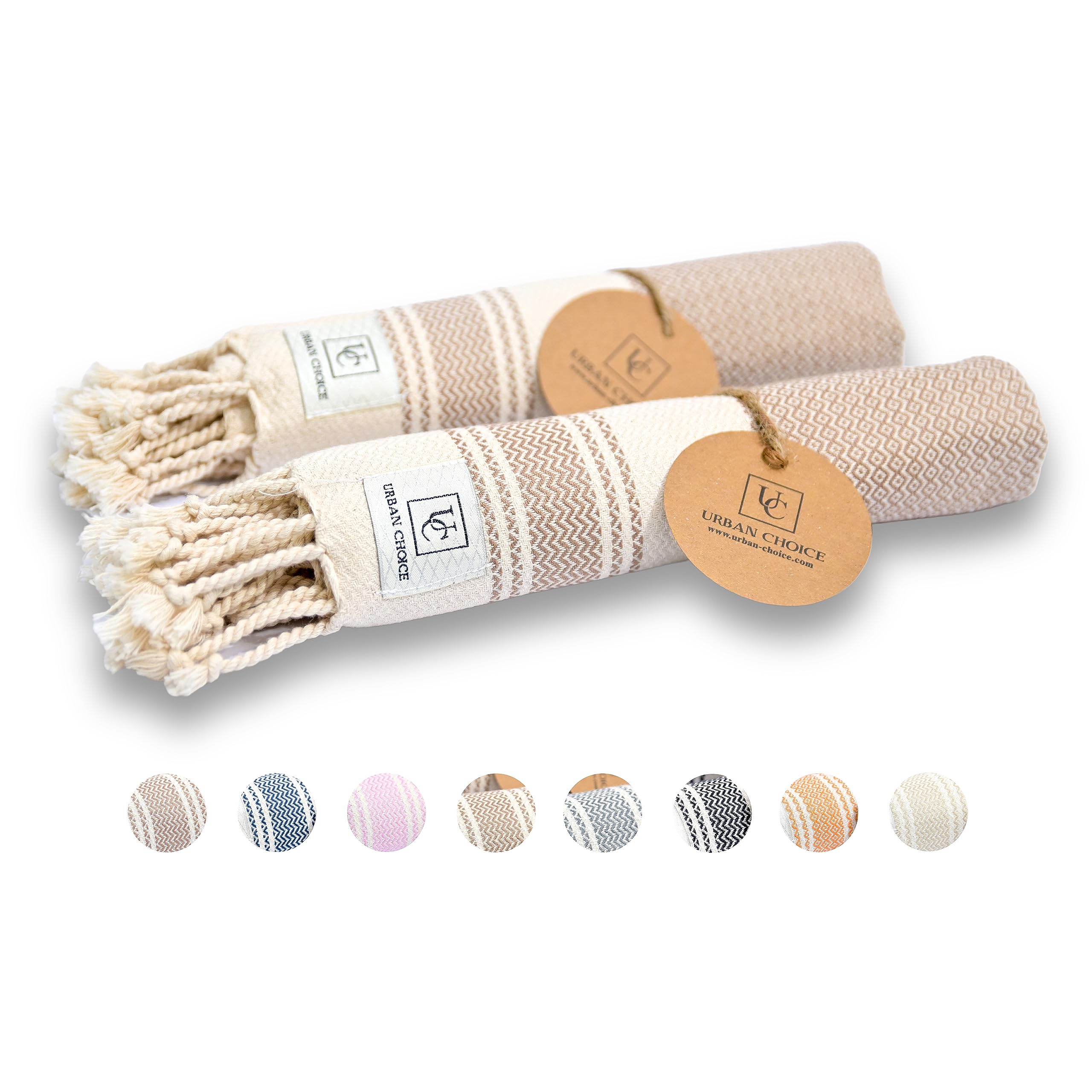 URBAN CHOICE Turkish Hand Towels with Hanging Loop(18" x 38"), Set of 2, Prewashed, Multipurpose Decorative Hand Towels for Bathroom,Hand,Kitchen,Face,Yoga,Gym,Tea (Brown, Diamond - Pack of 2)
