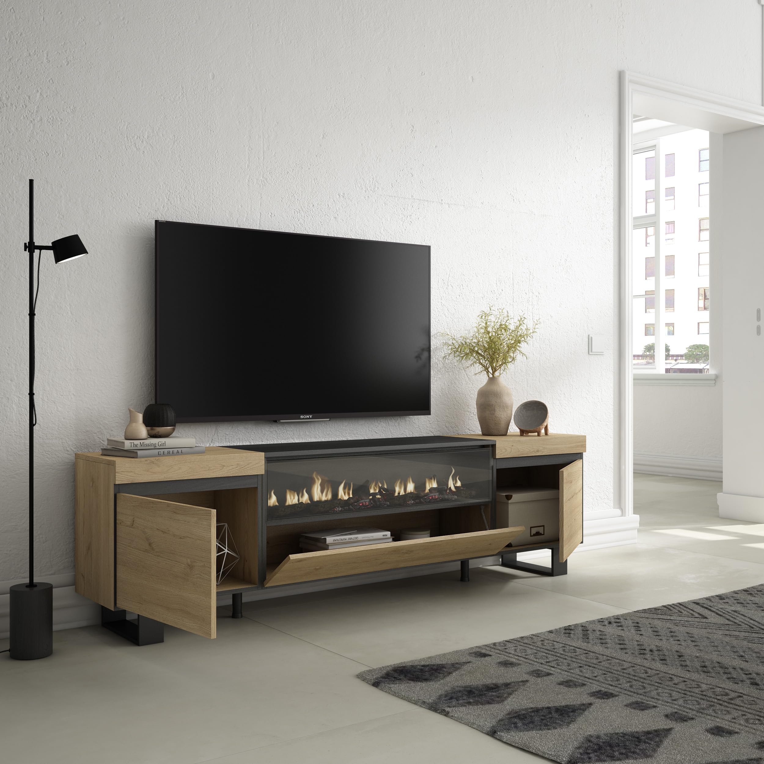 Skraut Home - Szafka TV | Telewizja | Meble do salonu, przechowywanie | 200x57x35cm | do telewizora do 80" | Kominek elektryczny LED | Tall, Przemysłowy | Nowoczesny styl | Dąb i czarny