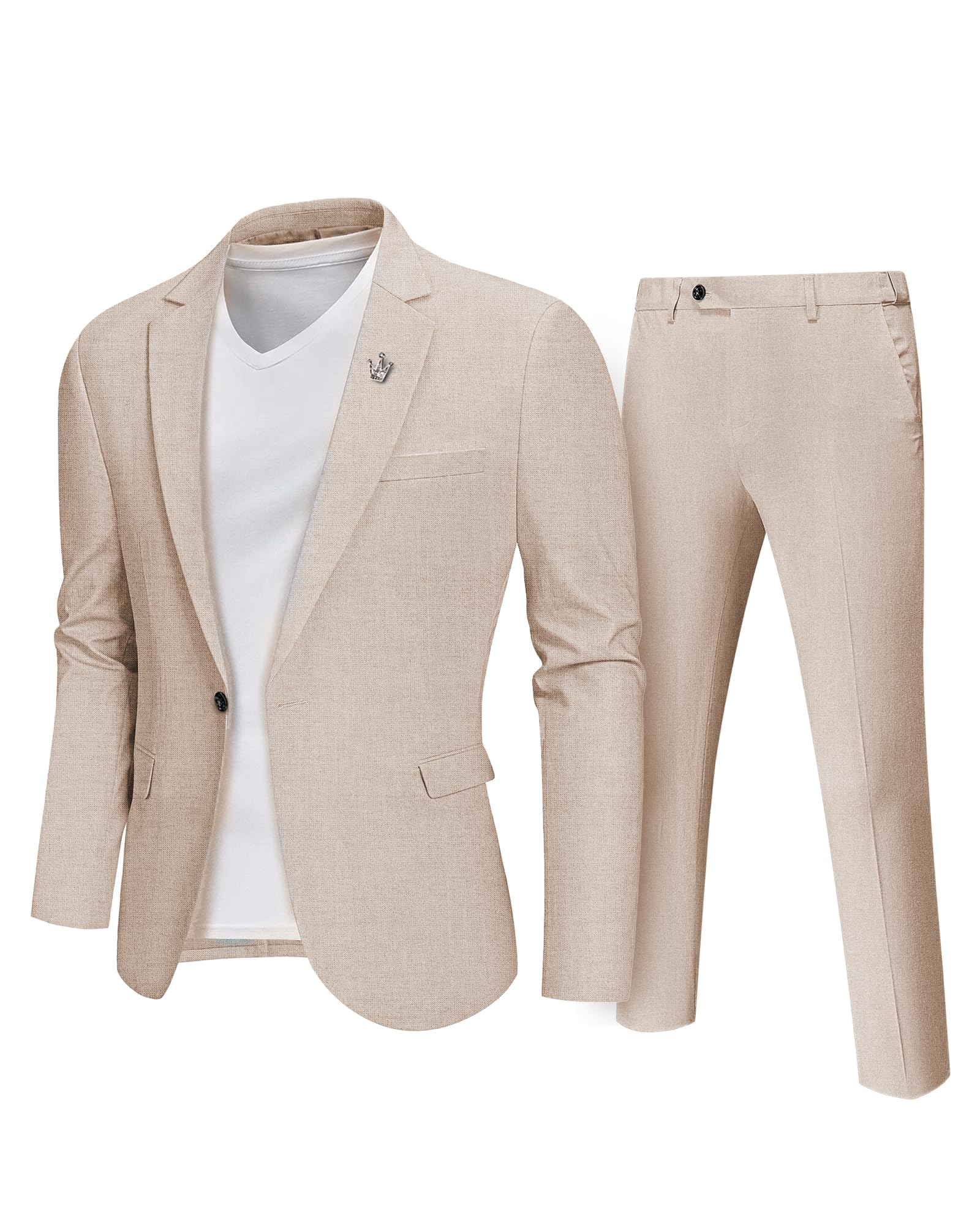Men's 2 Piece Regular Fit Linen Suit Set, One Button Lightweight Jacket Pants for Business, Casual, or Prom
