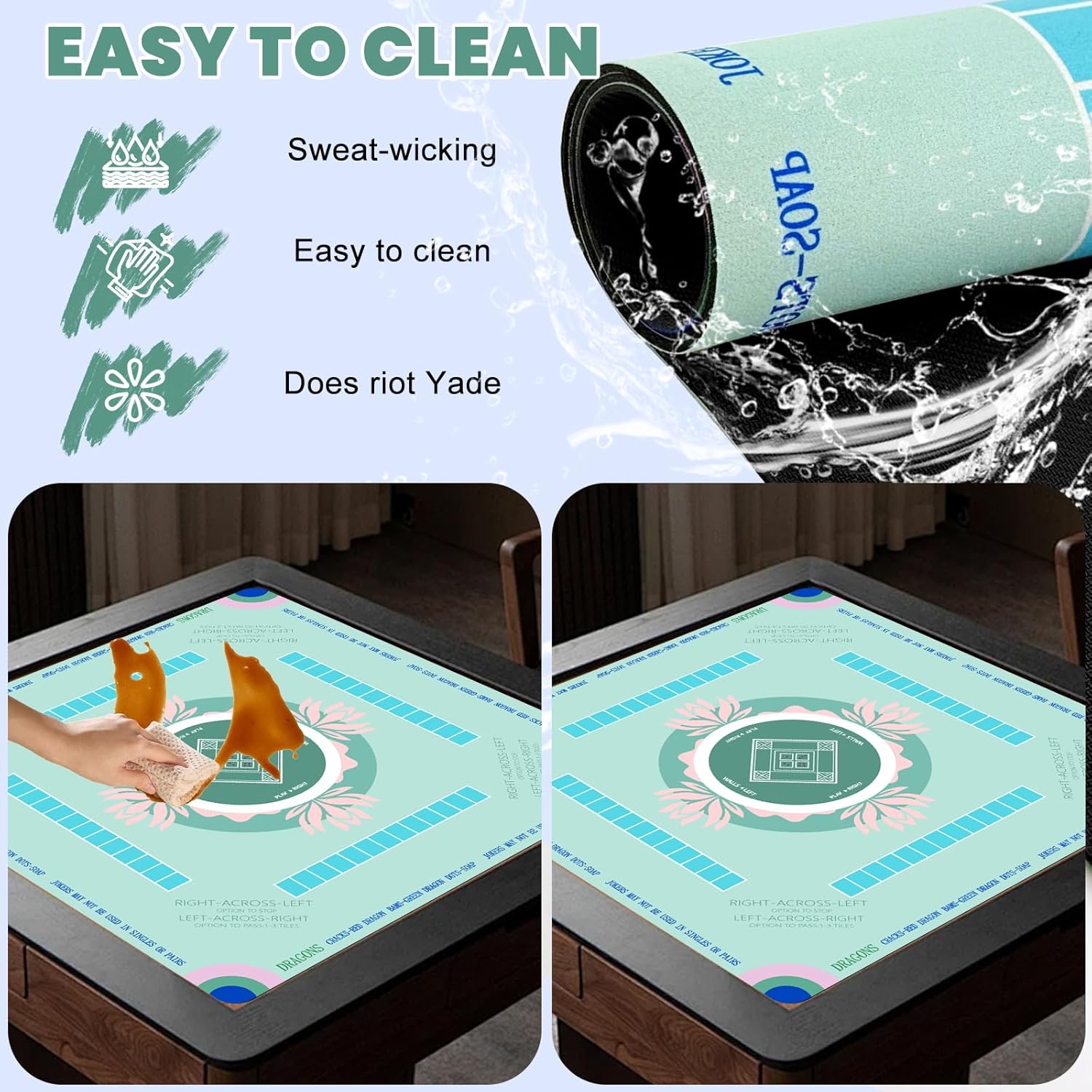 Extra Large Mahjong Table Mat - 31.5"x31.5" Non-Slip Noise Reduction Rubber Gaming Mat for Poker, Board Games, Dominoes & Tile Games, Waterproof & Foldable Green Game Surface Mat