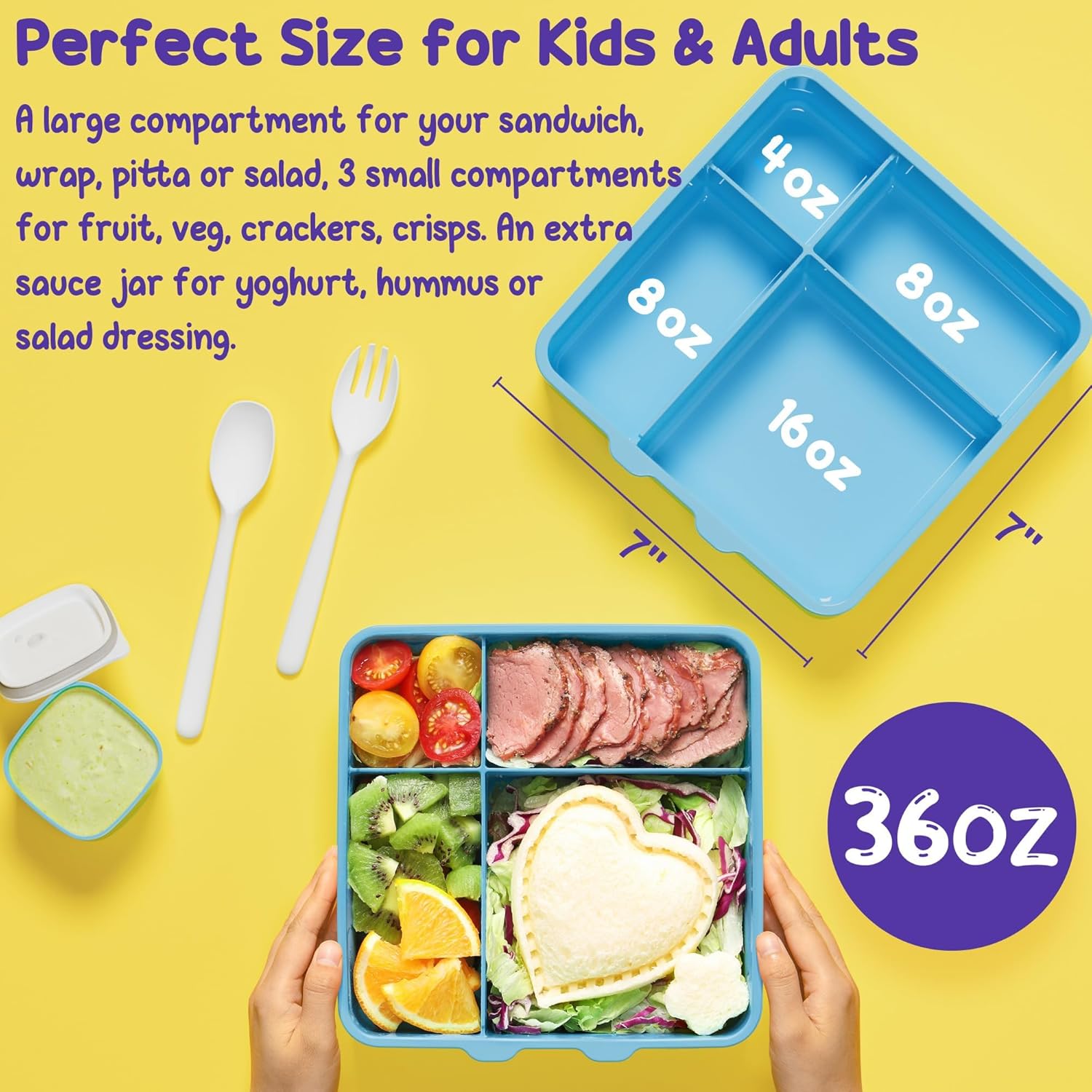 Fimibuke Chill Bento Box for Kids Adult, Leak Proof Toddler Lunch Box with Ice Pack Keep Food Cold, BPA Free 4 Compartment Lunch Container with Utensils for Girl Boy School, Microwave Dishwasher Safe - Image 3