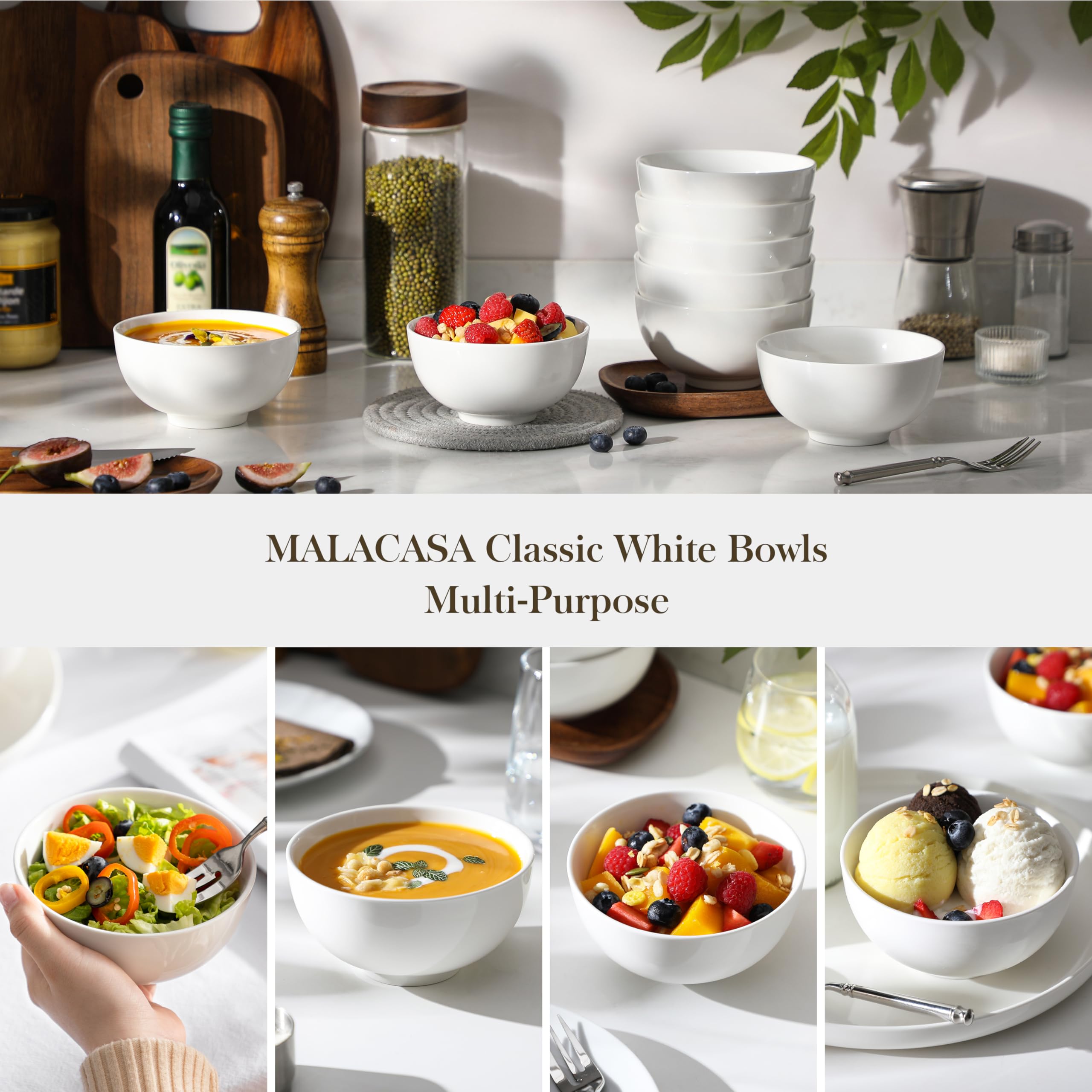 MALACASA Série REGULAR, 8 Bols à Céréales en Porcelaine Blanche de 420ml, Bols de Petit Déjeuner Ronds (12,8 cm), Idéaux pour Soupe, Salades et Riz