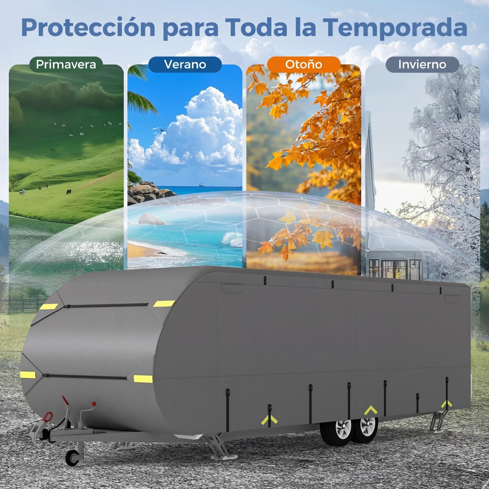 COSTWAY Funda Caravana, Cubierta Protectora para Autocaravana con 9 Correas de Fijación, 6 Tapas de Canalón, 2 Parches de Reparación y Bolsa, Lona para Caravana, Verano, Invierno (571x260x250cm)