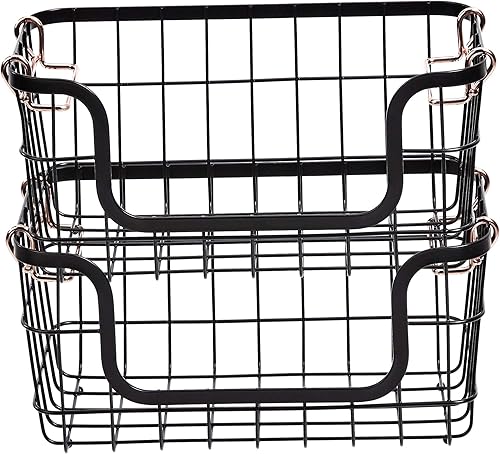 Miniatura 3 de Amazon Basics Juego de cestas de almacenamiento rectangulares apilables de alambre de metal para cocina o baño, 2 unidades, color negro