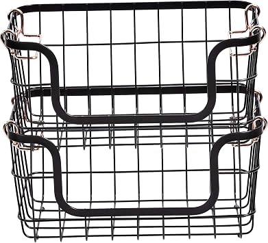 Amazon Basics Stackable Metal Wire Rectangular Storage Baskets for Kitchen, Bathroom or Pantry Organizing, 2 Count, Black