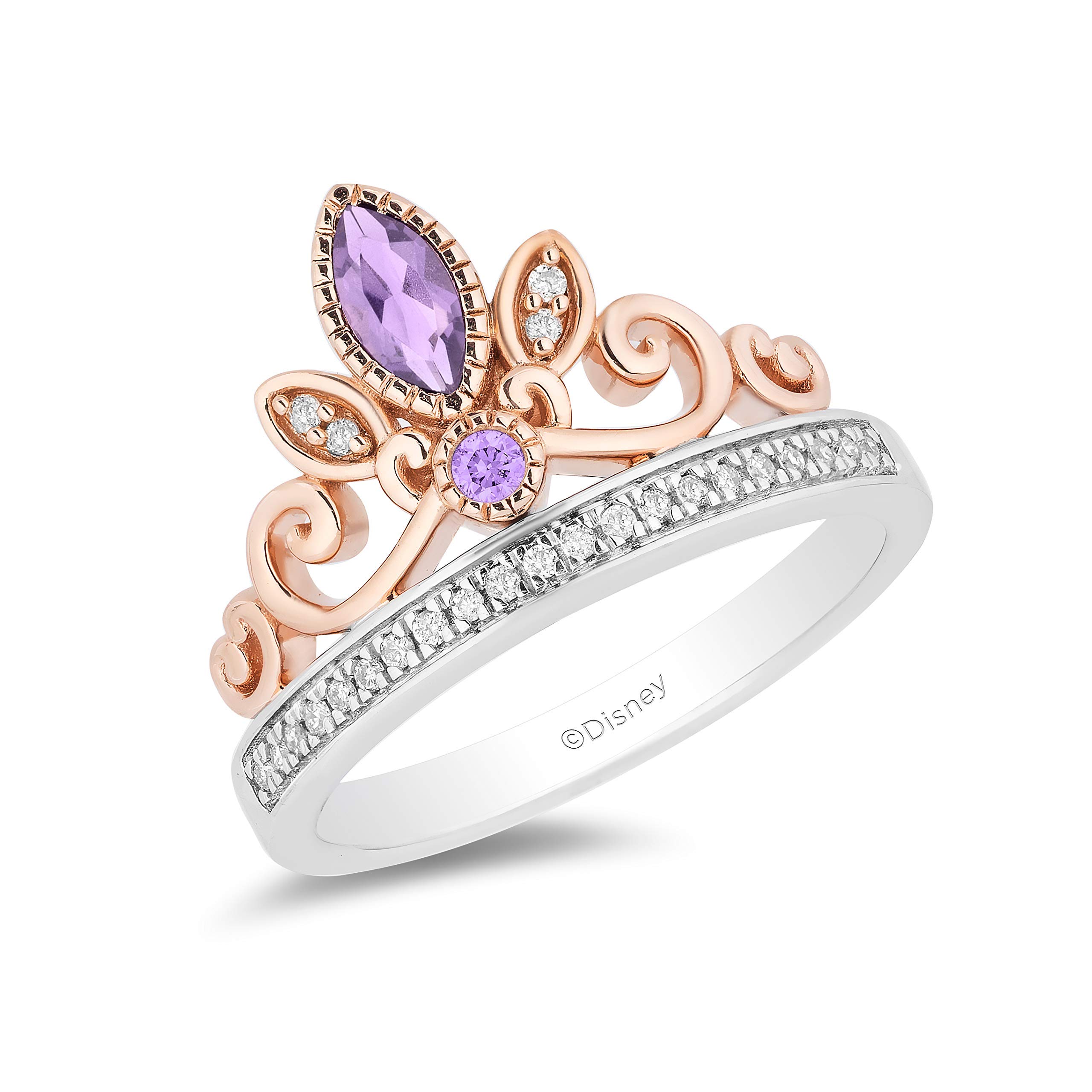 JeweliliEnchanted Disney Fine Jewelry Rapunzel Tiara Ring for Women | 14K Rose Gold over Sterling Silver | Rose-de-France & 1/10 CTTW Natural White Round Diamonds | Jewelry Gifts for Her