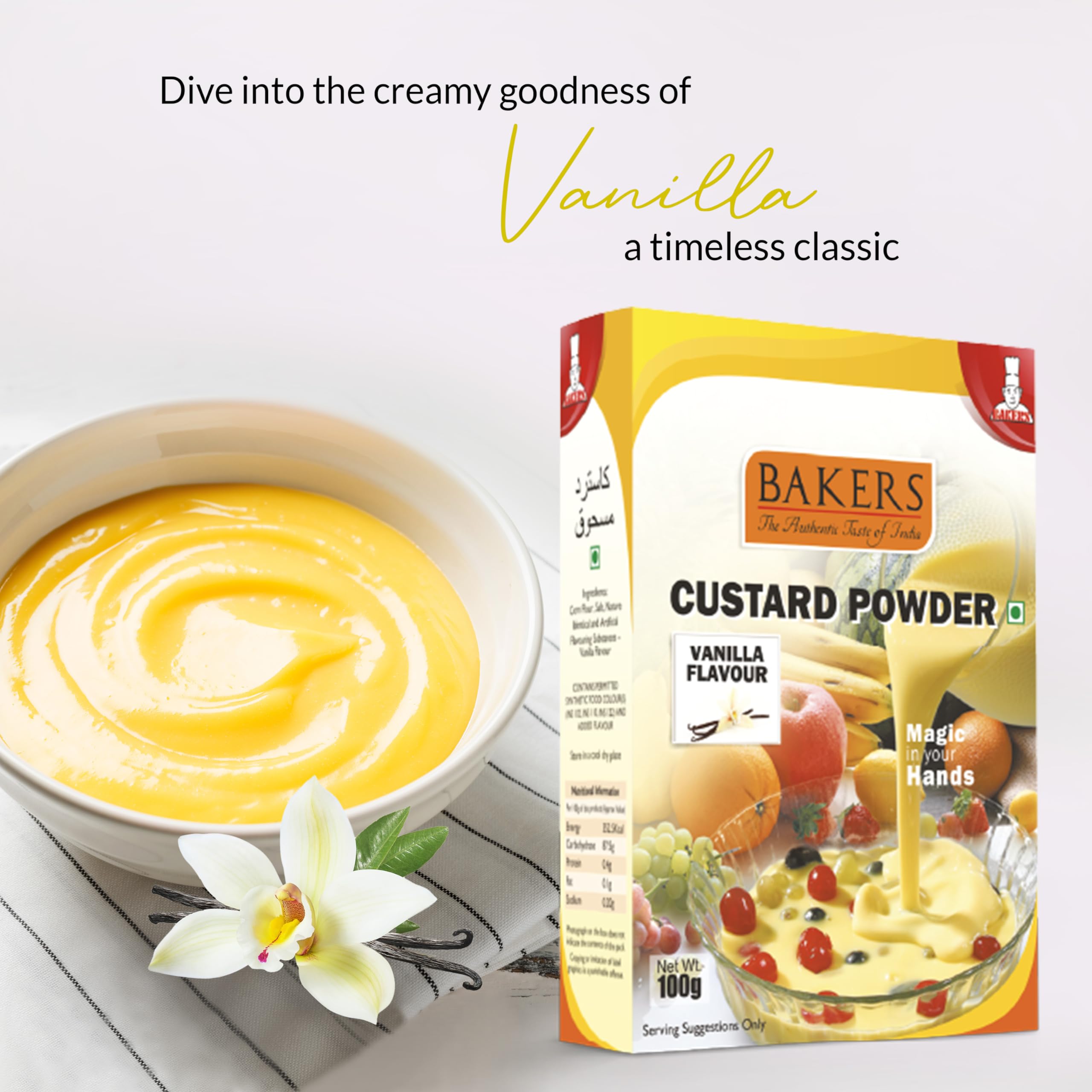 BAKERS Custard Powder | Vanilla Flavor | (100g x 6, 600g) | Contains No Eggs | Long Shelf Life | Makes Smooth, Creamy, Testy & Juicy Custard | Quick & Easy to Make |Best For Fruit Salads & Puddings 2