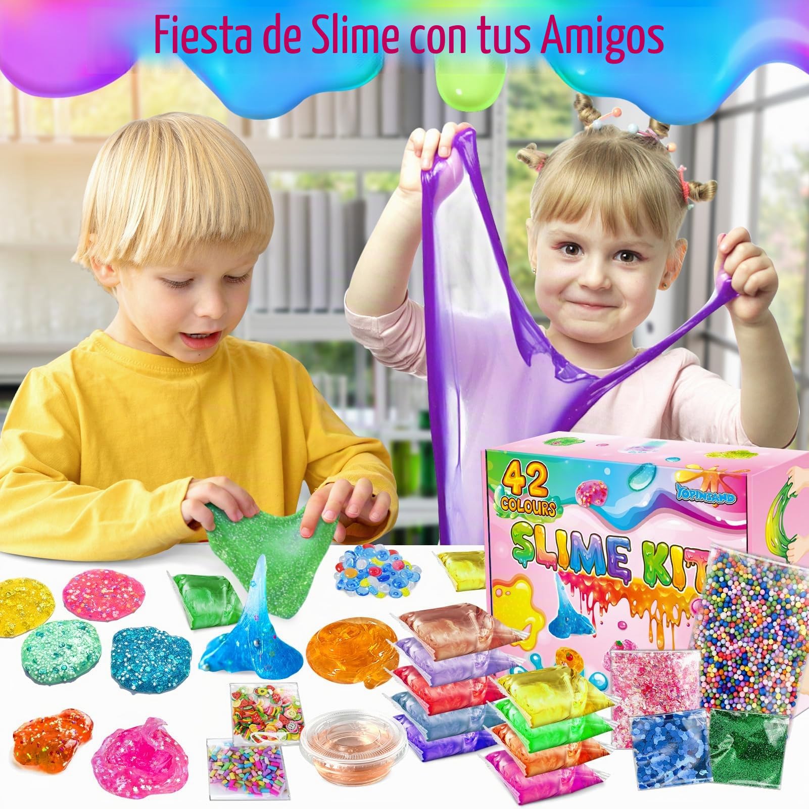 42 Colores DIY Slime Kit, Slime Making Kit para Niñas, Crystal Clear Slime, Glow in The Dark Slime con Complementos Bolas de Espuma, Amuletos, Purpurina, Juguetes de Regalo para Niños