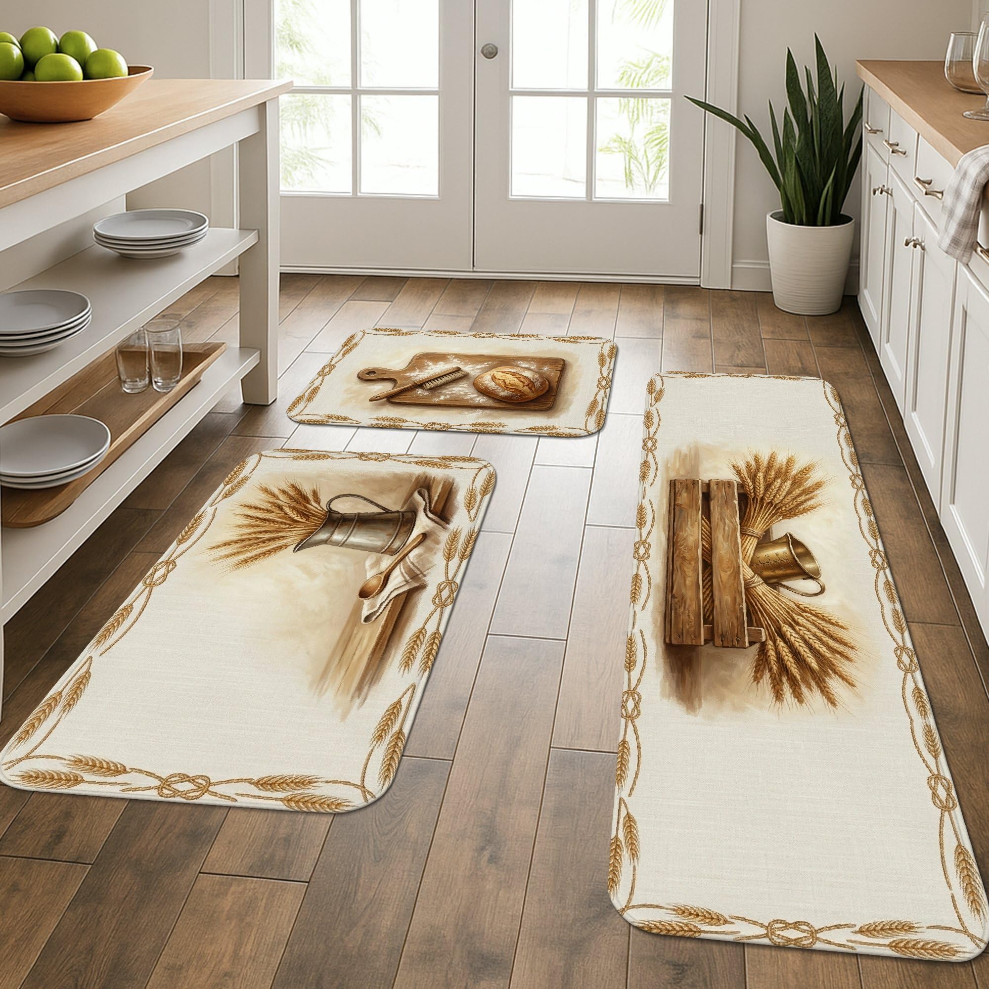 Alfombras de cocina de trigo rústicas juego de 3 tapetes beige lavables cómodos para lavandería