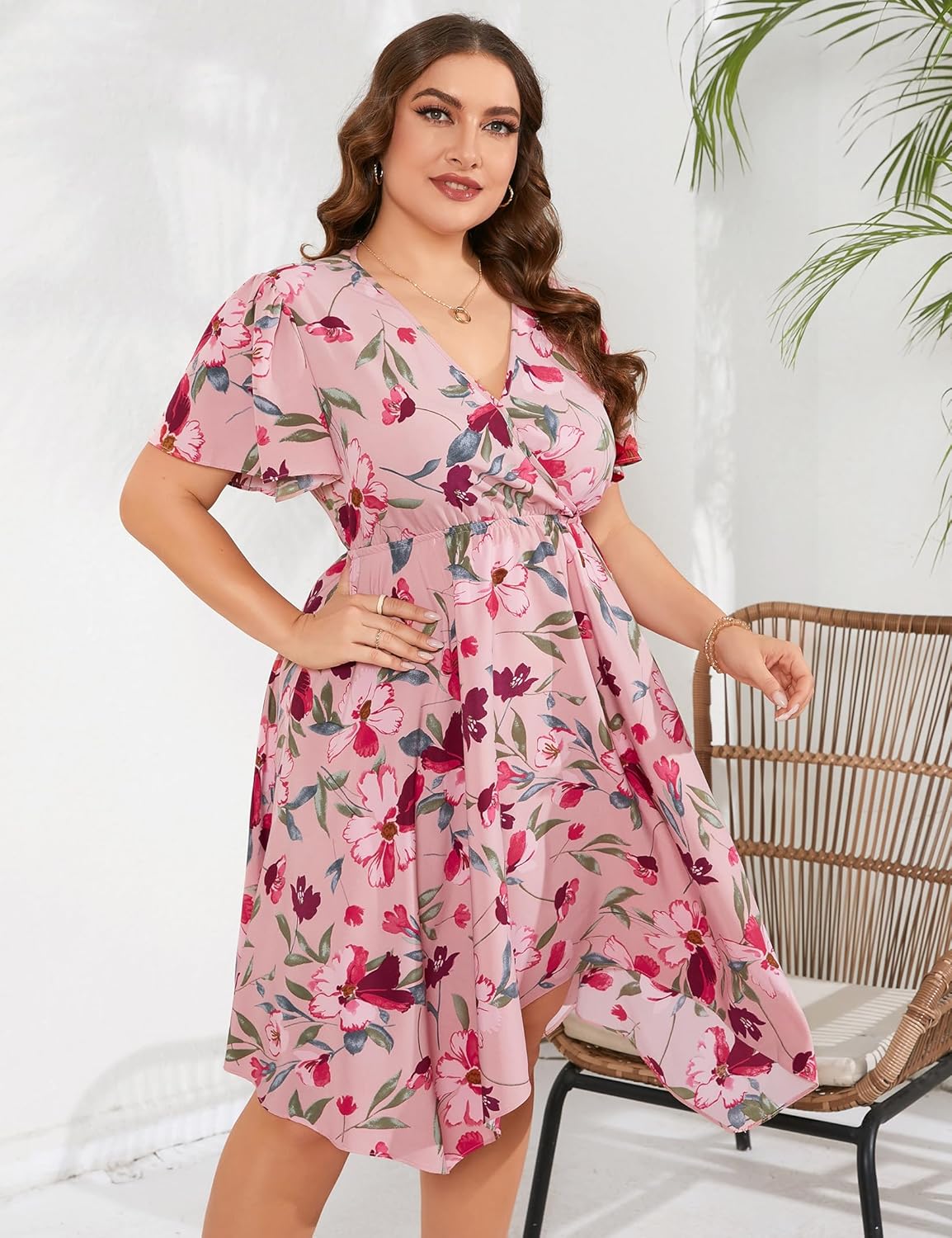 ShopWonder Women Plus Size Wrap V Neck Midi Dress Short Sleeves High Waist Irregular Hem Summer Casual Dress - Image 5