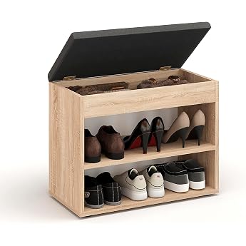 KOMTO Small Shoe Cabinet with Bench Area - Shoe Rack Bench with Storage Space Shoe Bench with Seat Wardrobe Bench Sonoma Oak Sofia 60 x 48 x 32 cm