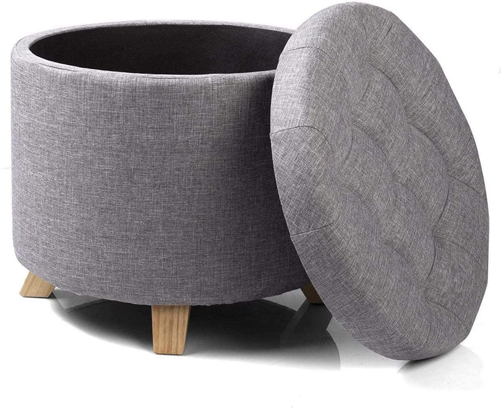 Pouf rond en lin crème avec coffre de rangement et housse amovible