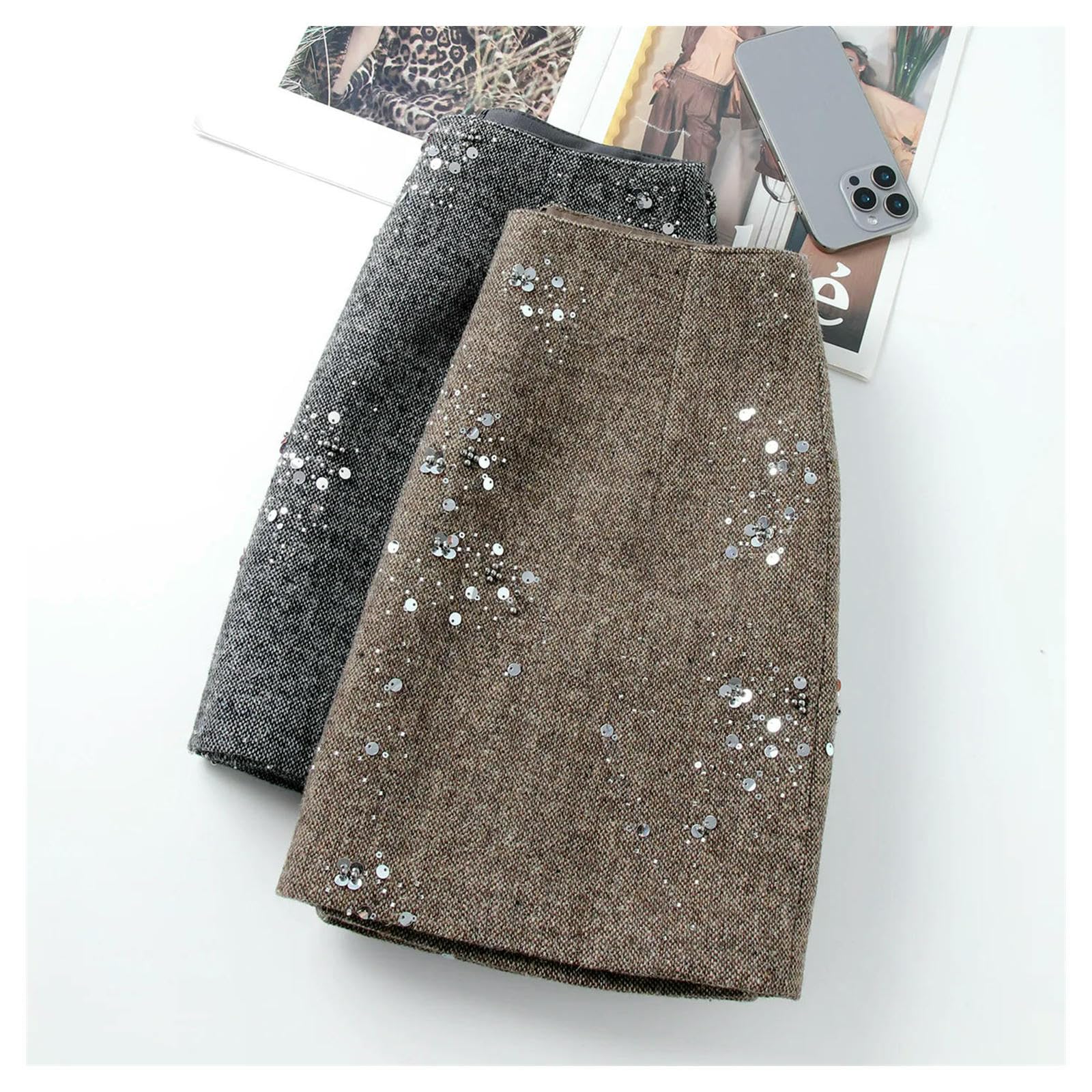 Rock Damen-Minirock, Pailletten, Hohe Taille, Lässig, Kurze Röcke, Damenkleidung, Büro, Damenmode, Party, Faldas, Braun-grau-l
