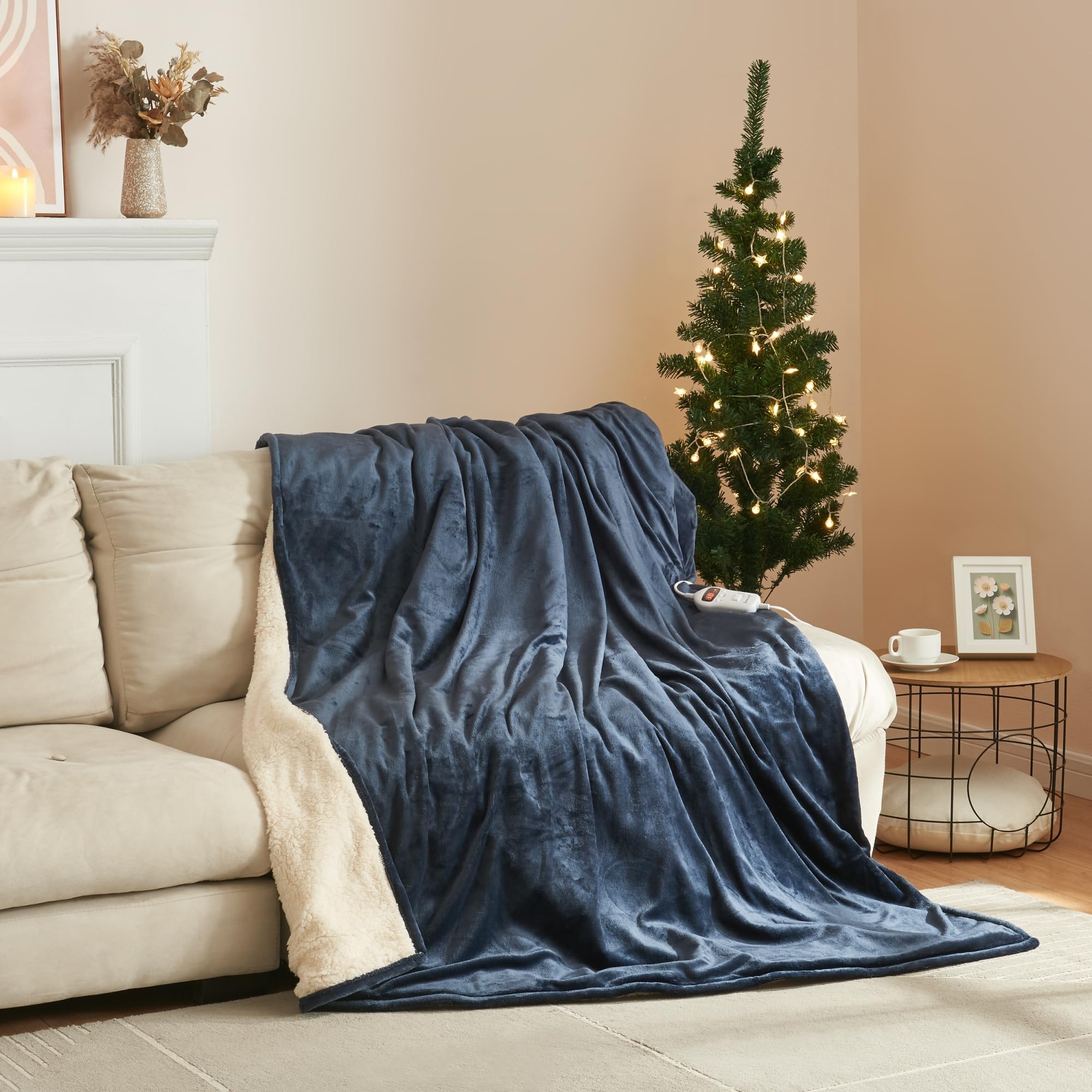 [en.casa] Manta Eléctrica con Pantalla LED Temporizador de Apagado Automático de 1-10 Horas 10 Niveles de Calor Cobija Térmica Lavable 120W Vlies 200x150 cm - Azul Oscuro