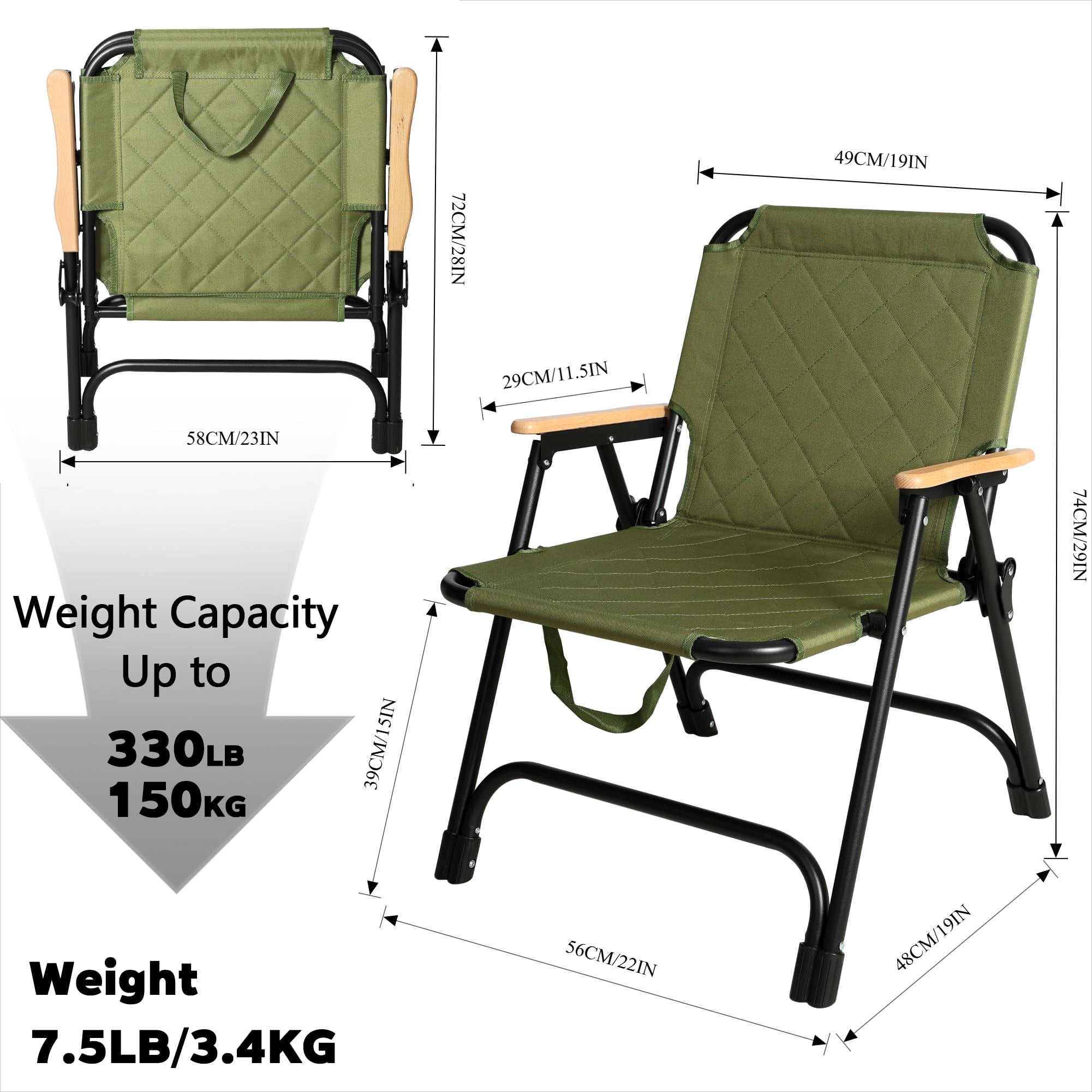 Krzesło kempingowe, składane, 150 kg, lekkie, z podłokietnikami z buku twardzielowego, krzesła kempingowe z tkaniny Oxford 600D, na kemping, do wędkowania, ogrodu, na taras