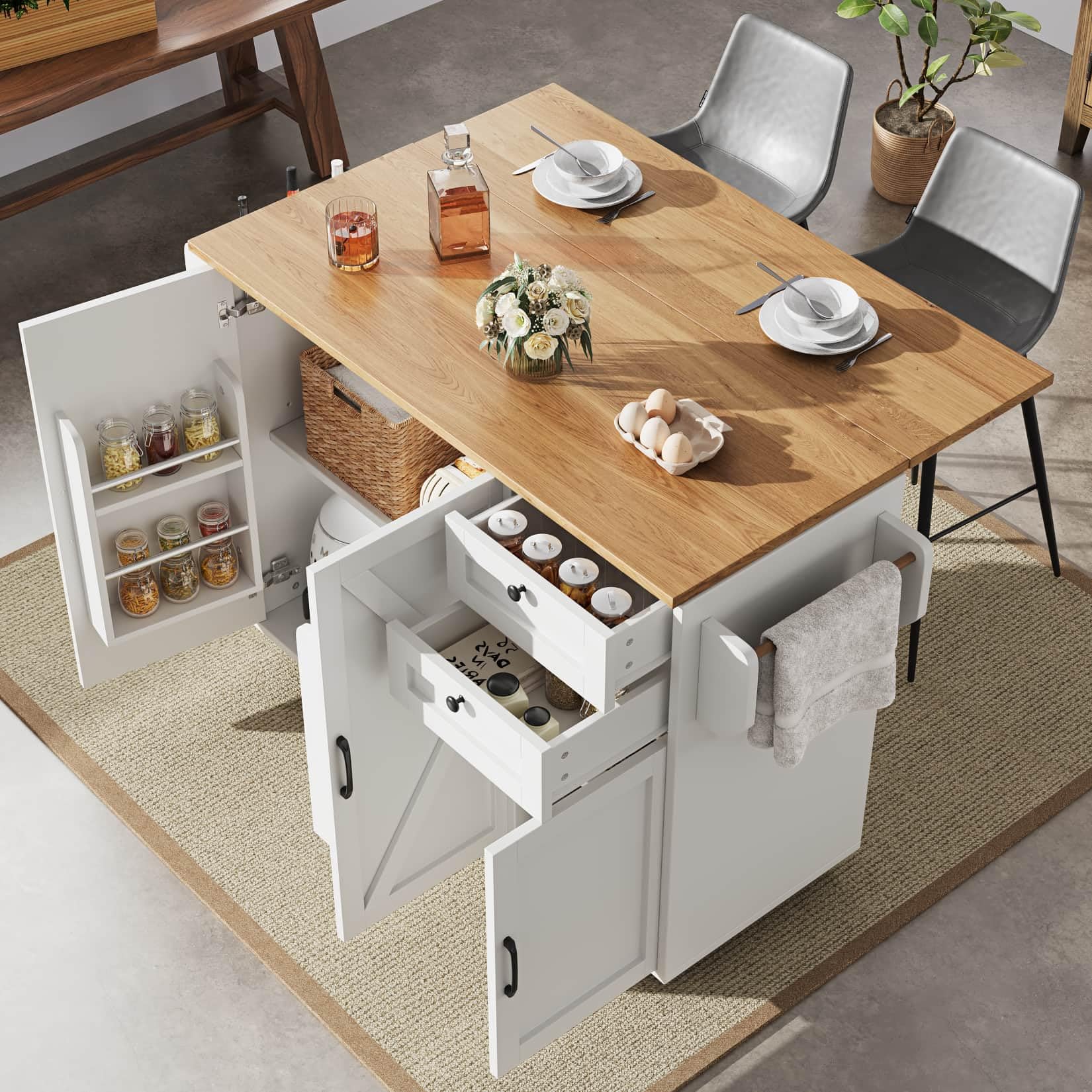 PUGSDRLY Desserte ilôt de Cuisine avec roulettes,Buffet Cuisine de Rangement avec Plateau de Table Pliable,Chariot de Repas,2 Tiroirs et 3 Portes,Espace de Rangement Multifonctionnel (Blanc-C)
