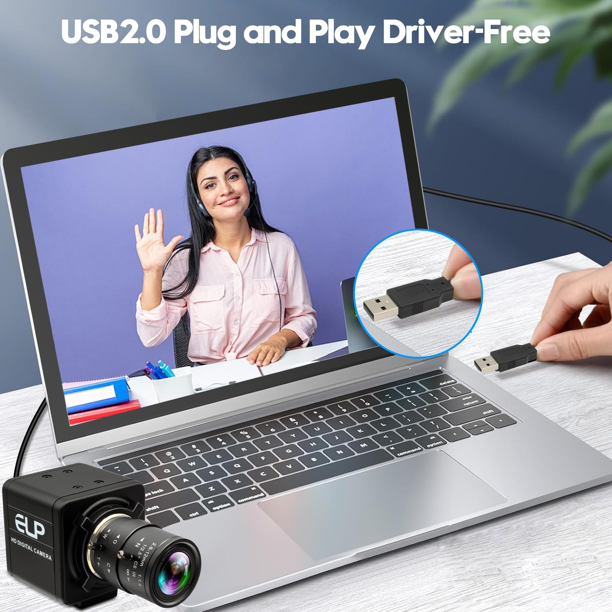 ELP Cámara USB HD de 16 MP, 2,8 – 12 mm, zoom óptico manual de 4 aumentos, lente de montaje CS, alta resolución para Lightburn OpenCV Live Streaming y microscopio USB Plug & Play para Windows, Linux y