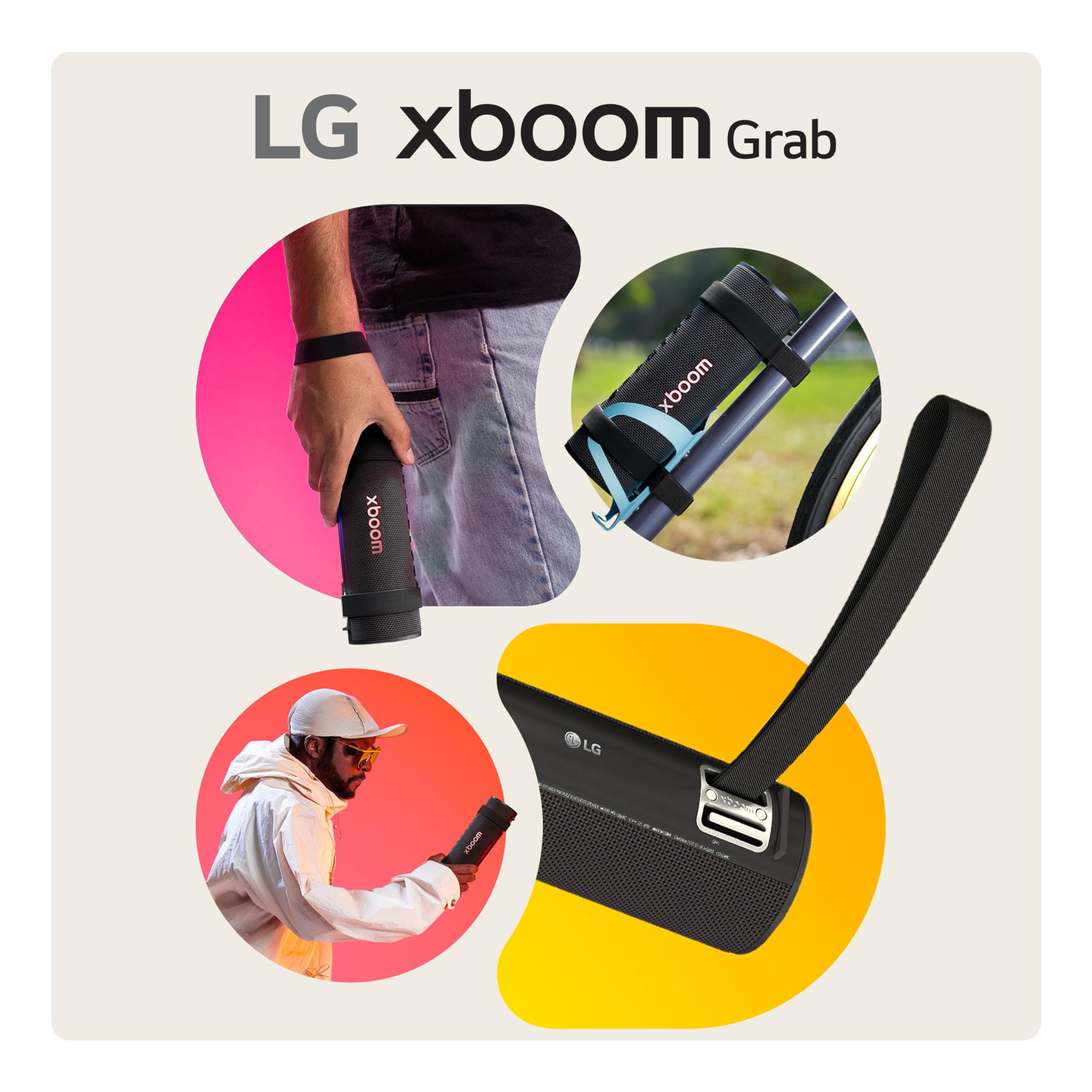 LG xboom Grab by will.i.am, xboom Signature Sound, przenośny głośnik Bluetooth, do 20 godzin odtwarzania, odporność na kurz i wodę IP67, trwałość MIL-STD 810H, regulowany pasek do noszenia