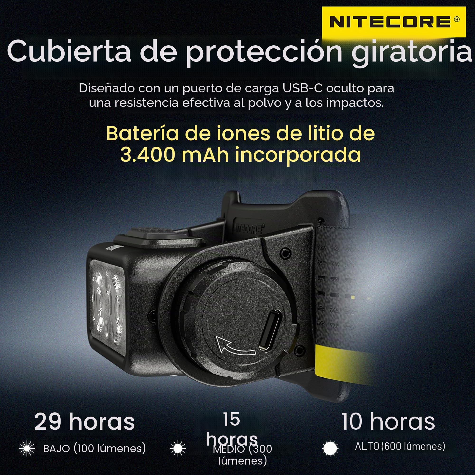 Nitecore NU43 - Linterna frontal ligera de 1400 lúmenes, batería de 3400 mAh, USB-C, recargable (NU43-NCS-525)