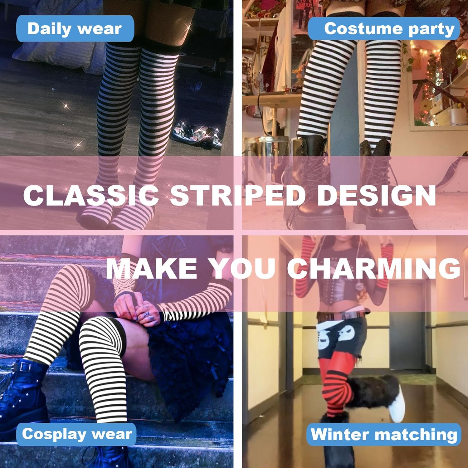 Black and White Striped Arm Leg Warmers Sleeves Set Rainbow Socks Knee High Fingerless Gloves Hand Thigh Warm - Image 6