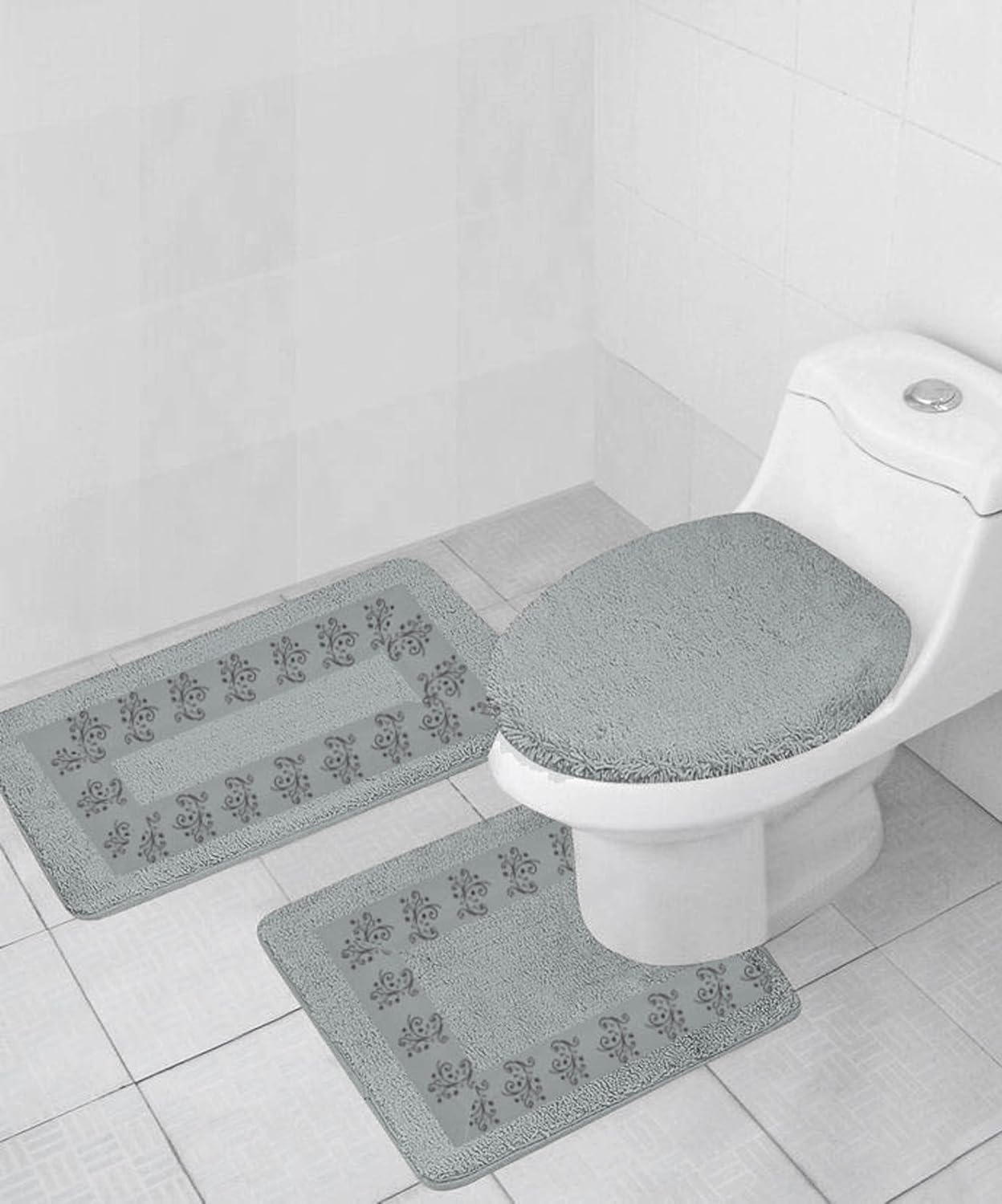 GorgeousHomeLinenDifferent Colors 3-Piece Embroidery Bathroom Rug Set Includes, Contour Mat + Lid Toilet Cover + Bath Mat Ultra Absorbent with Anti-Slip Backing (Gray)