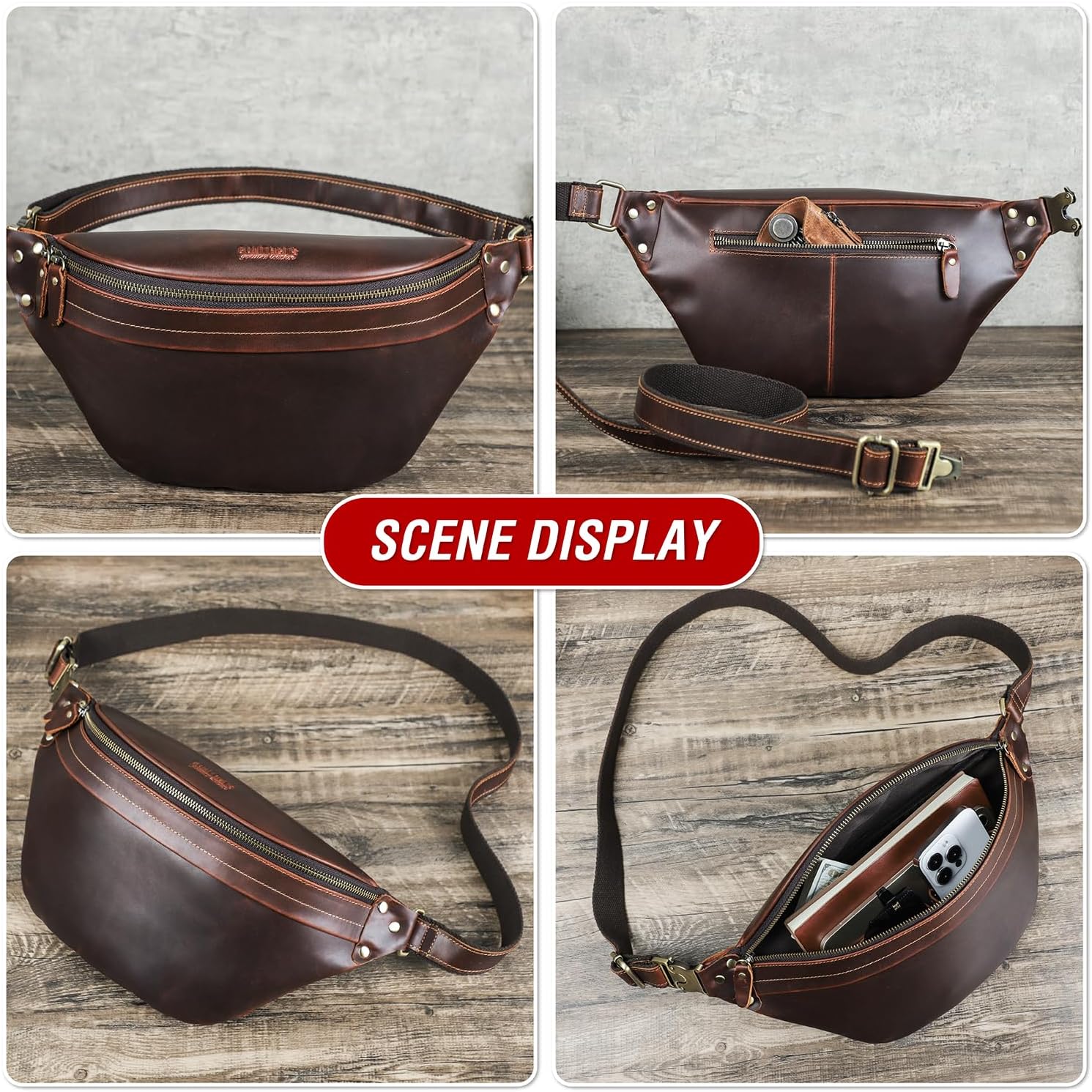 Top Grain Genuine Leather Slim Fanny Pack for Man & Woman, Minimalist Vintage Design, Handmade with Detachable Hardware, Slim Waist Pack Large Crossbody Belt Bag for Traveling or Riding, Coffee - Image 2