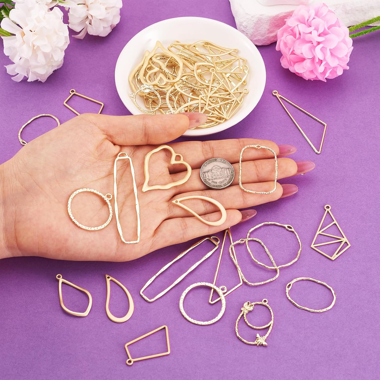 Cheriswelry 48pc Assorted Golden Open Back Bezel Blank Pendants Hollow Geometric Frame Mold Pressed Flower Pendants Dangle Charms for DIY UV Resin Craft Earring Necklace Jewelry Making