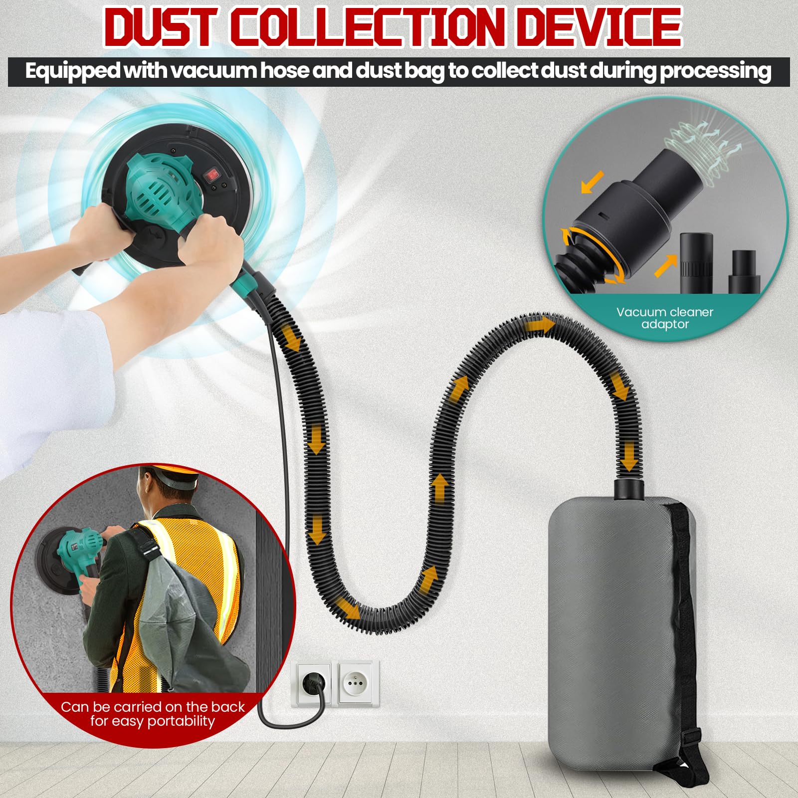 Levigatrice Per Muro 800 W,1200-2300r/min Levigatrice a Secco, conLuce LED, Aspirazione Polvere Automatica,Tubo Flessibile e 12 Dischi di Levigatura