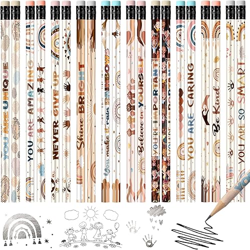Gerrii 200 lápices inspiradores de diversidad a granel, lápices motivacionales bohemios, arco iris, lápices de regreso a la escuela con borrador