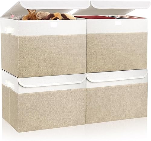 Miniatura 26 de Contenedores de Almacenamiento Plegables Apilables Grandes de 17" 42 Cuartos con Tapas [Paquete de 3] Cajas de Almacenamiento de Tela de Lino Beige