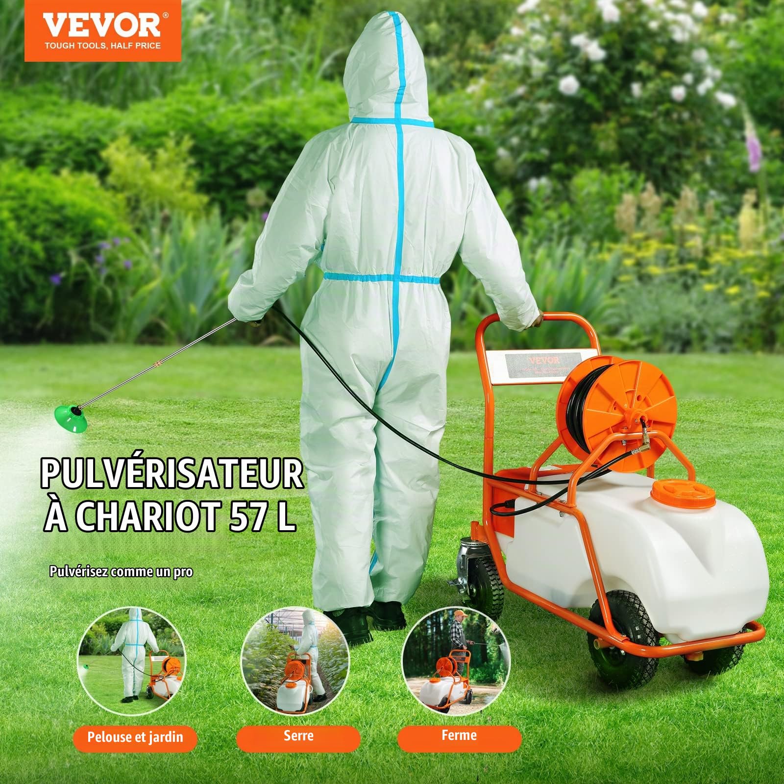 VEVOR Pulvérisateur de pelouse sur Roue, Pression réglable 0 à 90 PSI, pulvérisateur avec réservoir 60 L, avec 8 Buses, 2 Baguettes, Couvercle à Large Ouverture pour Jardin, désherbage, pulvérisation