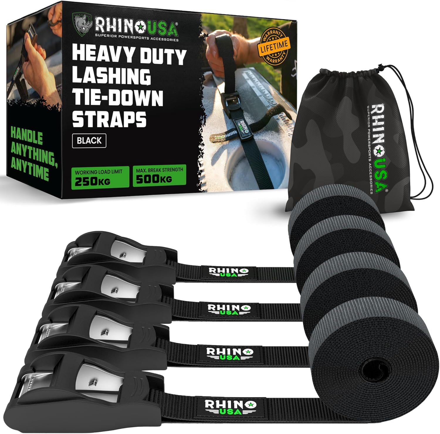 Rhino USA Sangles d&rsquo;Arrimage (4) – Résistance Maximale à la Rupture de 500kg, Comprend (4) Sangles de Traction de 2.5cm x 3.6m, Sangles de Fixation pour Chargement, Kayak, Porte-Bagages de Toit