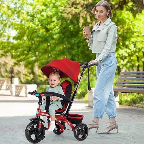 Miniatura 30 de INFANS Triciclo para niños, triciclo para bebés 6 en 1 con asiento reversible, mango de empuje ajustable, dirección de control, toldo extraíble