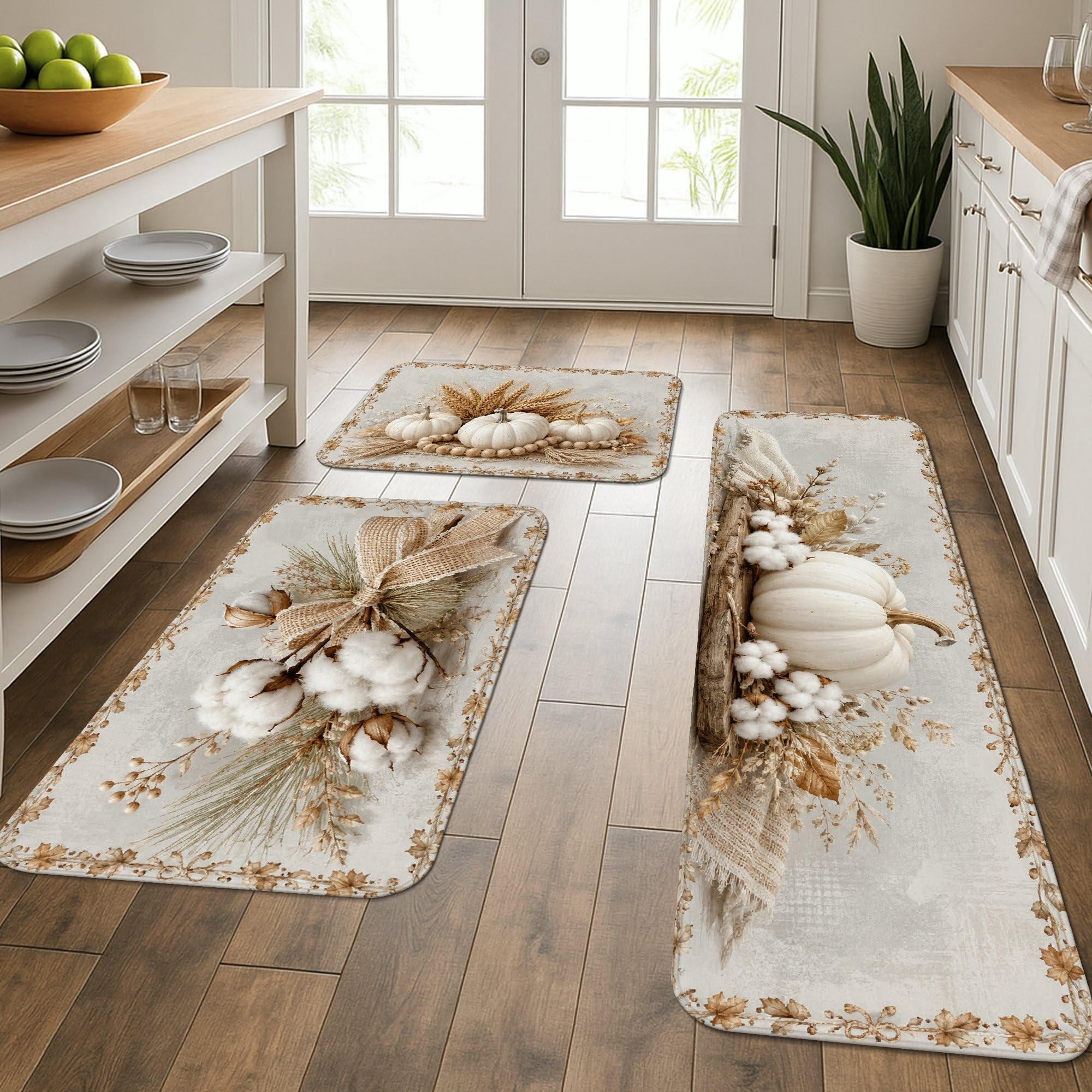 Tapis de cuisine rustiques lot de 3 en coton blanc automne motif citrouilles lavables