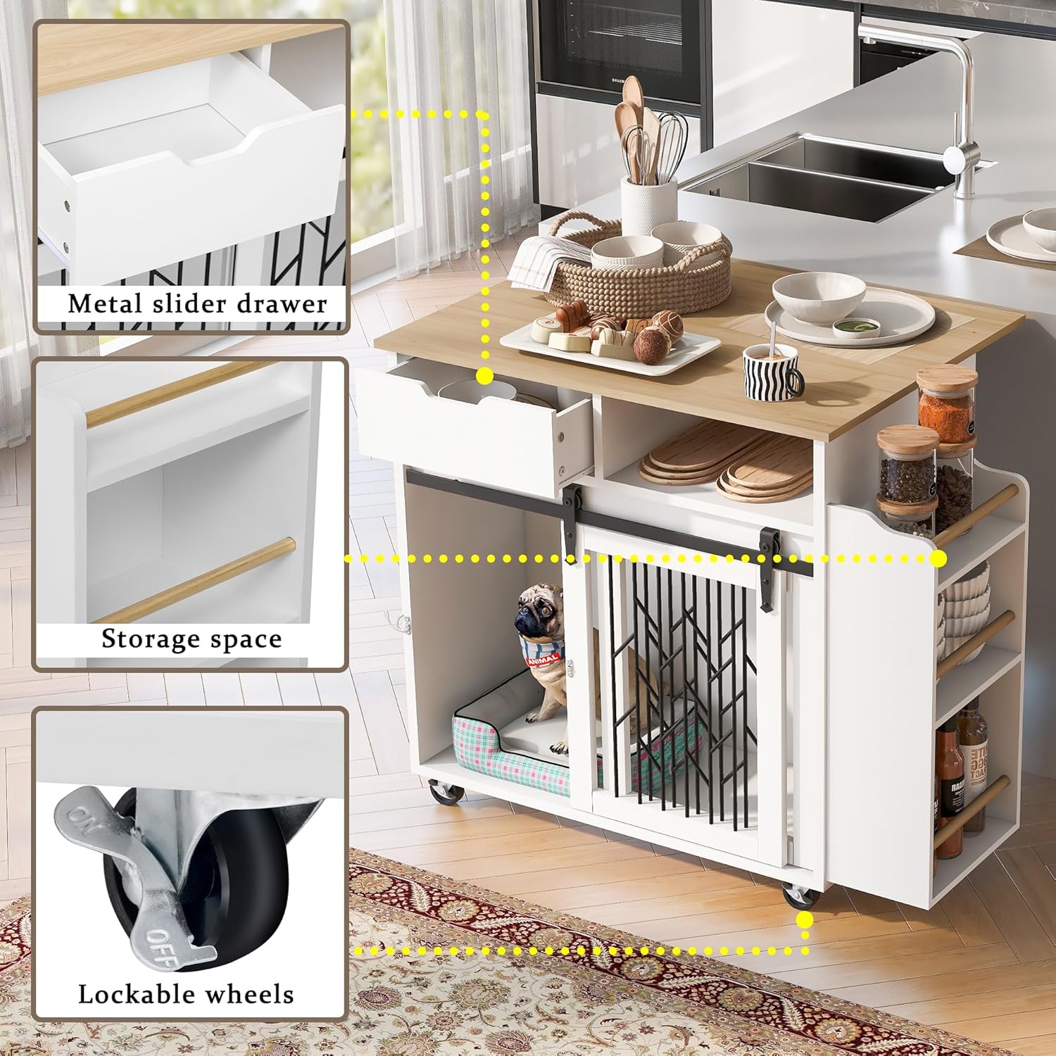 Pet Friendly Dog Crate Kitchen Island End Table - Modern White Cabinet with Light Wood Top, Sliding Doors, Casters & Storage - Elegant Multi-Functional Furniture for Small/Medium Dogs