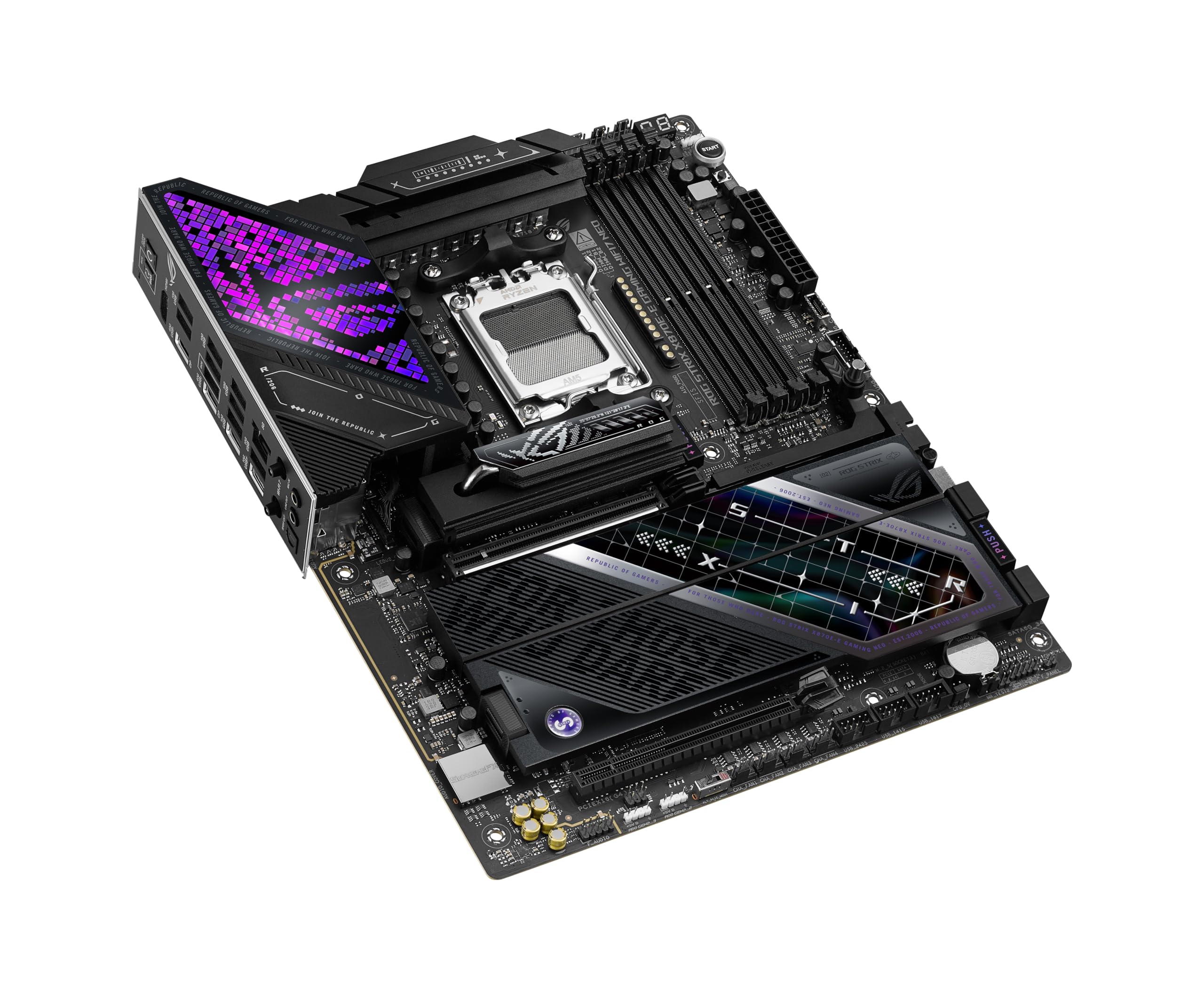 ASUS ROG Strix X870E-E Gaming WIFI7 NEO, placa base AMD ATX, 18+2+2 etapas de potencia, ranuras DDR5, cinco ranuras M.2, PCIe® 5.0 con soporte completo para GPU de próxima generación, Wi-Fi 7, USB 4