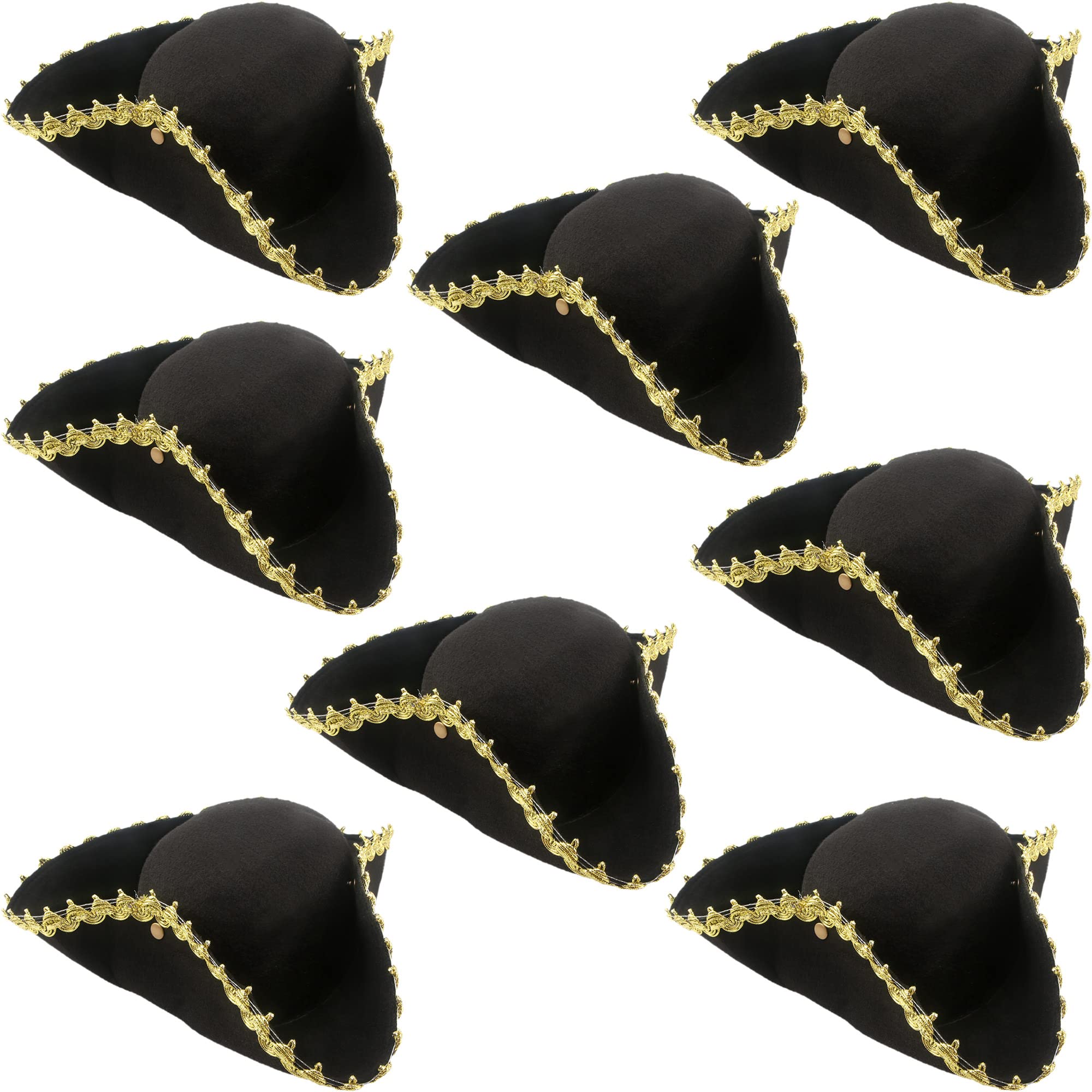 SGBETTER 8 Pack Black Pirate Hat Felt Tricorn Hat with Gold Trimming Tricorn Party Hat for Halloween Cosplay Pirate Theme Dress Up