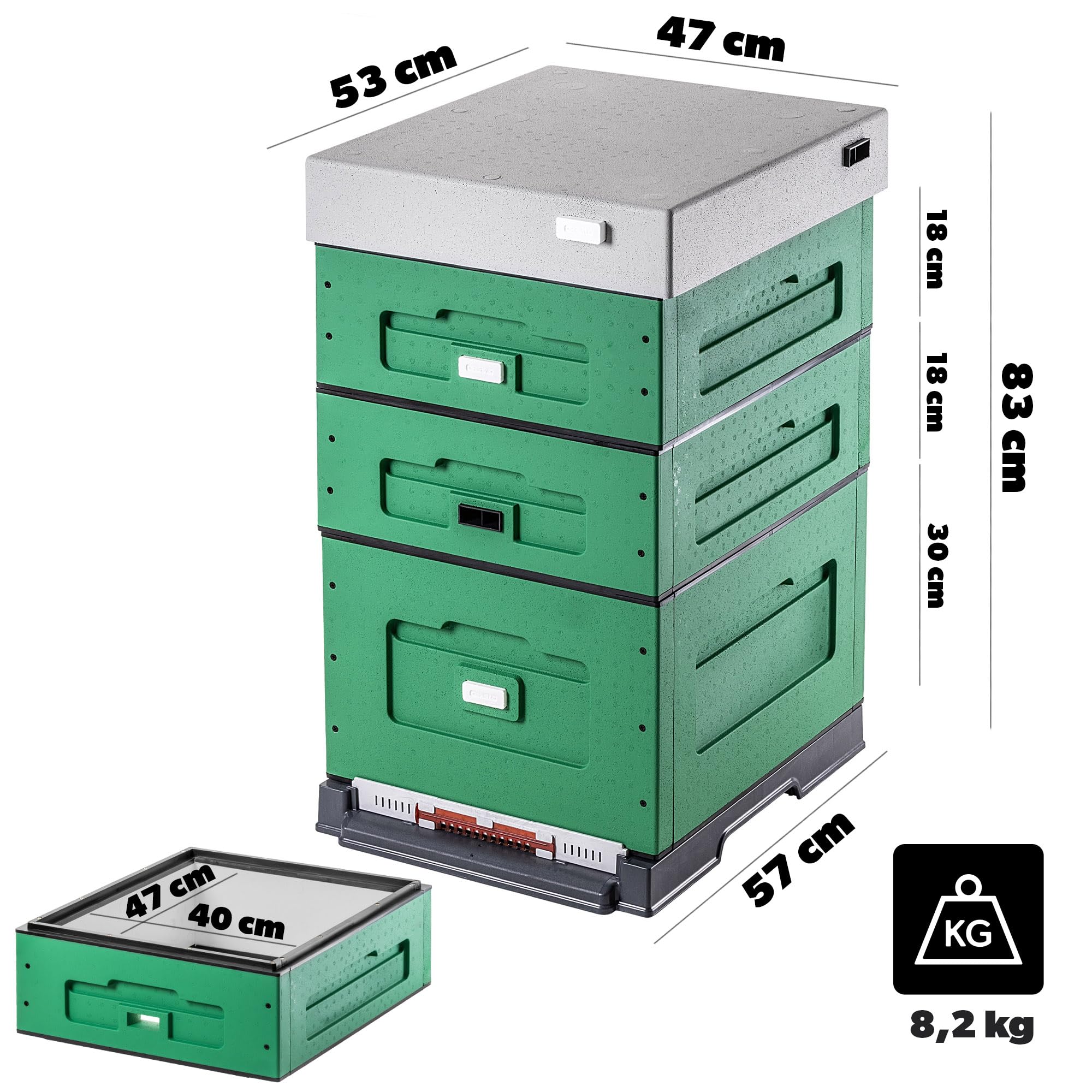 KADAX Dadant Beute 53 x 47 x 83 cm, Styroporbeute mit Hygieneboden, Magazinbeute aus Styropor, Bienenbeute, Komplettbeute für Dadant-Rähmchen (Grün)
