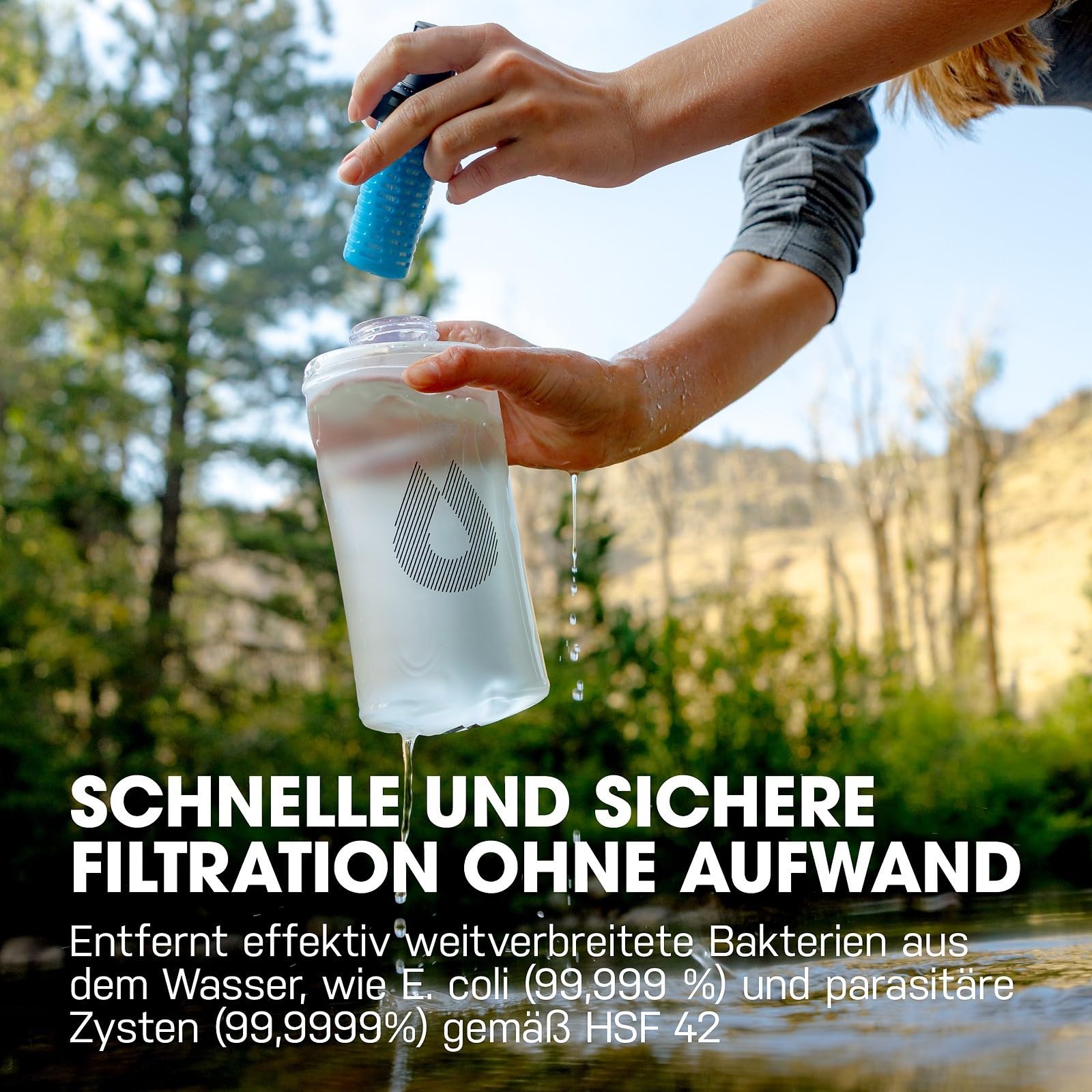 HydraPak PackFlask+ (750ml) – Wasserfilterflasche mit Gurtbefestigung für Rucksäcke. Freihändig nutzbare, praktische, ultraleichte und faltbare Softflasche für Wanderungen und Rucksacktouren